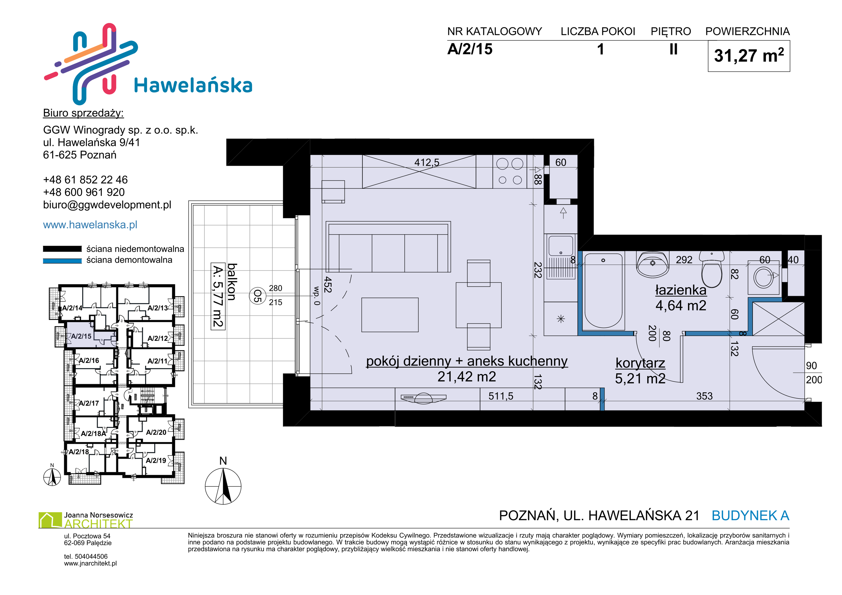 Mieszkanie 31,27 m², piętro 2, oferta nr A/2/15, Osiedle Hawelańska III etap, Poznań, Winogrady, ul. Hawelańska 25-idx