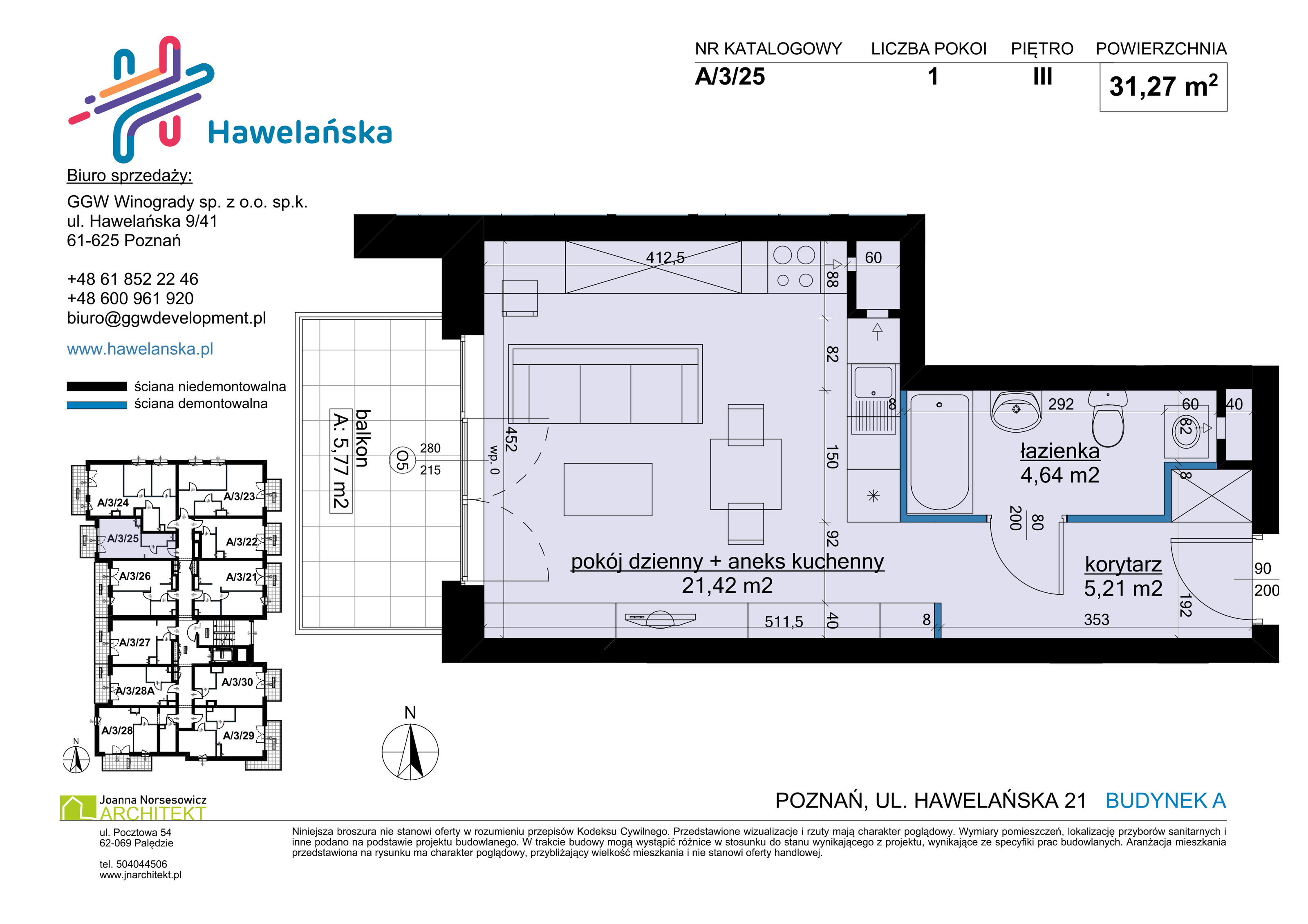 Mieszkanie 31,27 m², piętro 3, oferta nr A/3/25, Osiedle Hawelańska III etap, Poznań, Winogrady, ul. Hawelańska 25-idx