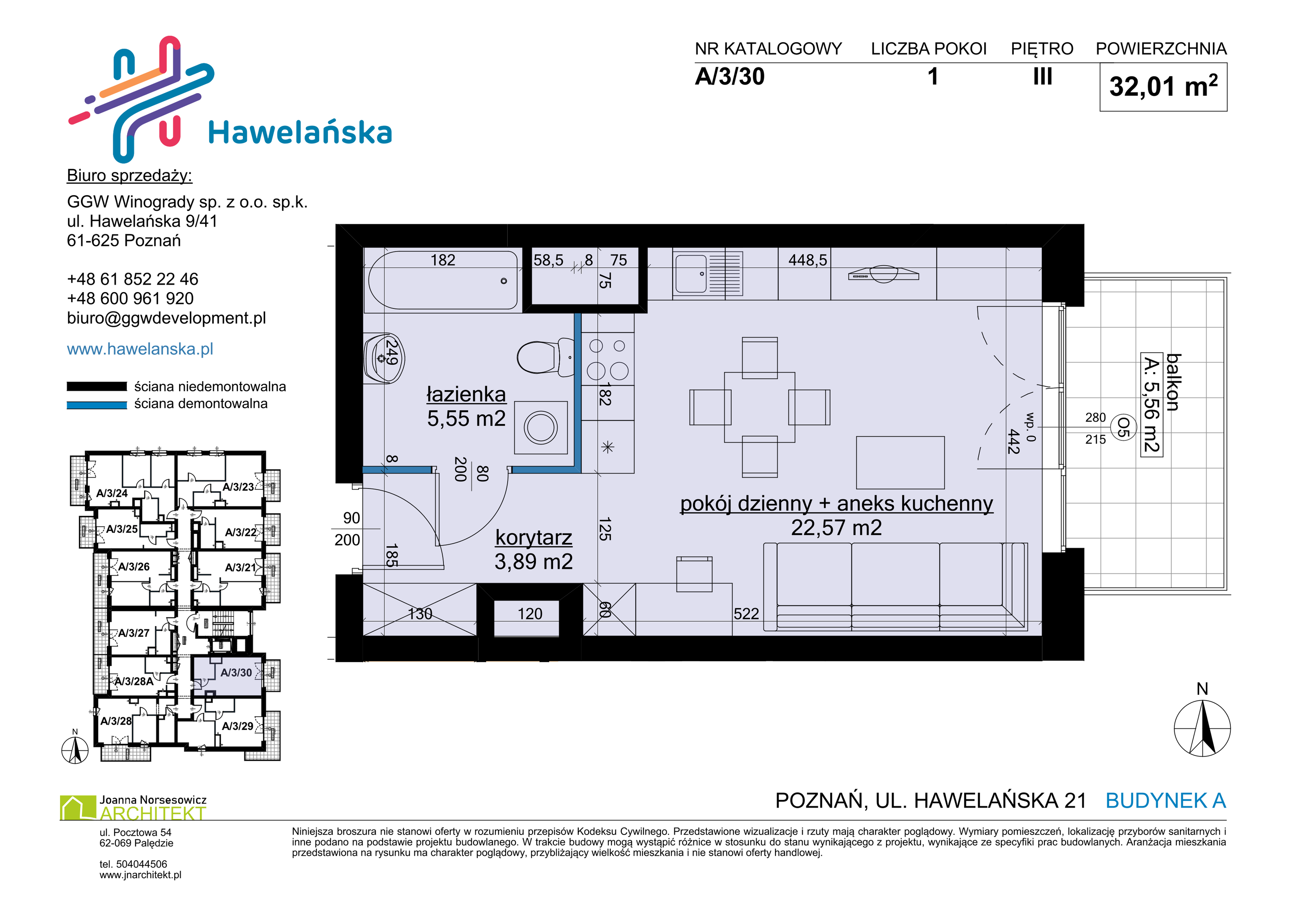 Mieszkanie 32,01 m², piętro 3, oferta nr A/3/30, Osiedle Hawelańska III etap, Poznań, Winogrady, ul. Hawelańska 25-idx