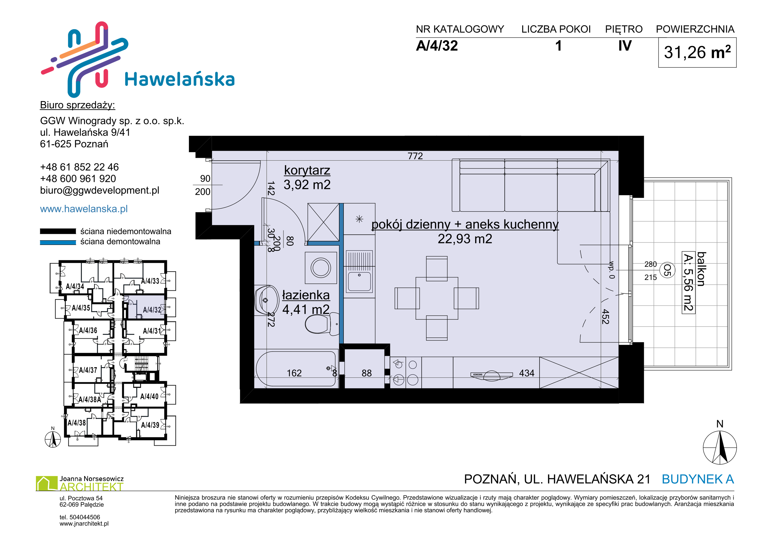 Mieszkanie 31,26 m², piętro 4, oferta nr A/4/32, Osiedle Hawelańska III etap, Poznań, Winogrady, ul. Hawelańska 25-idx