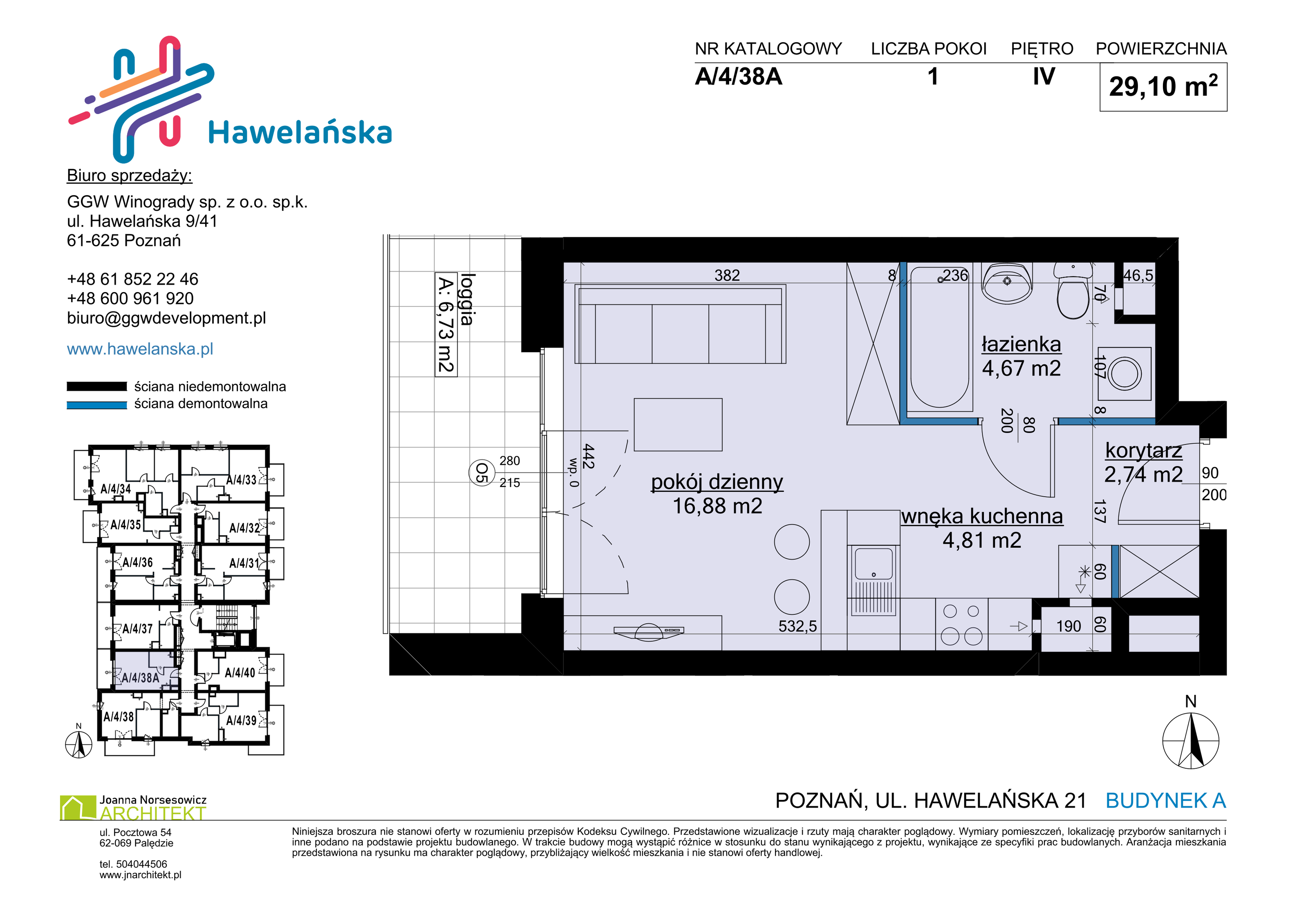 Mieszkanie 29,10 m², piętro 4, oferta nr A/4/38A, Osiedle Hawelańska III etap, Poznań, Winogrady, ul. Hawelańska 25-idx