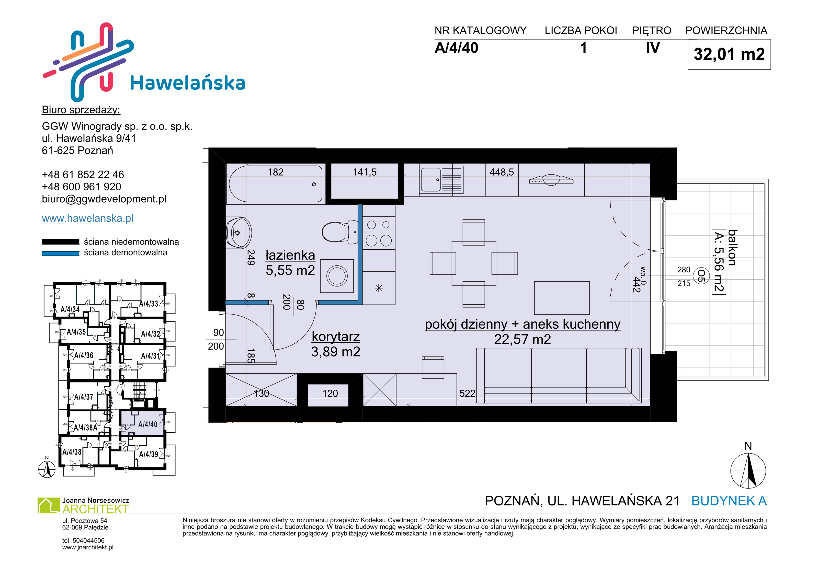 Mieszkanie 32,01 m², piętro 4, oferta nr A/4/40, Osiedle Hawelańska III etap, Poznań, Winogrady, ul. Hawelańska 25-idx