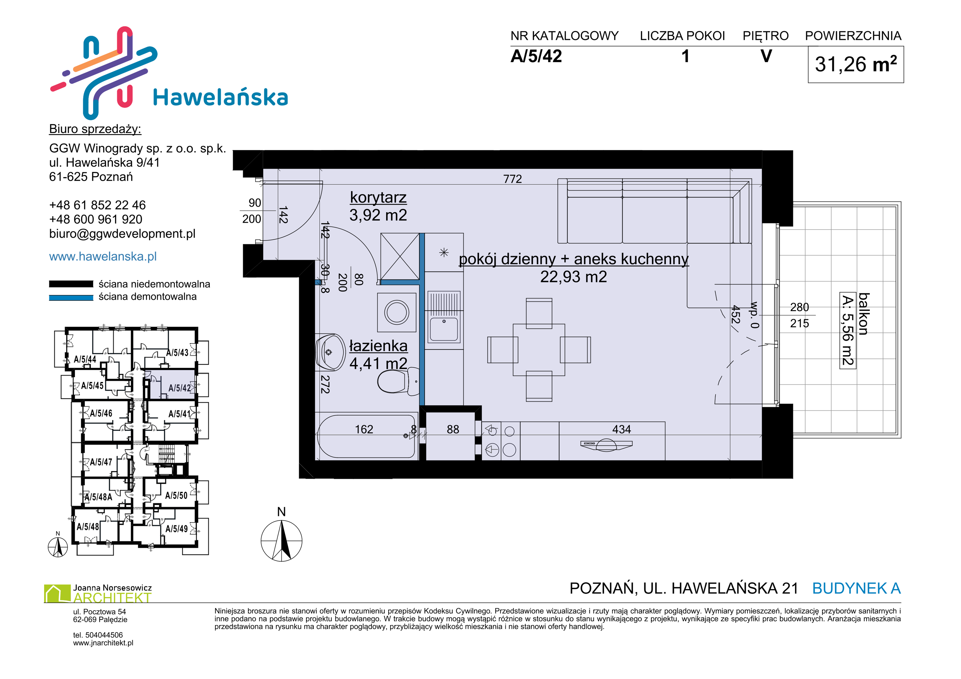 Mieszkanie 31,26 m², piętro 5, oferta nr A/5/42, Osiedle Hawelańska III etap, Poznań, Winogrady, ul. Hawelańska 25-idx