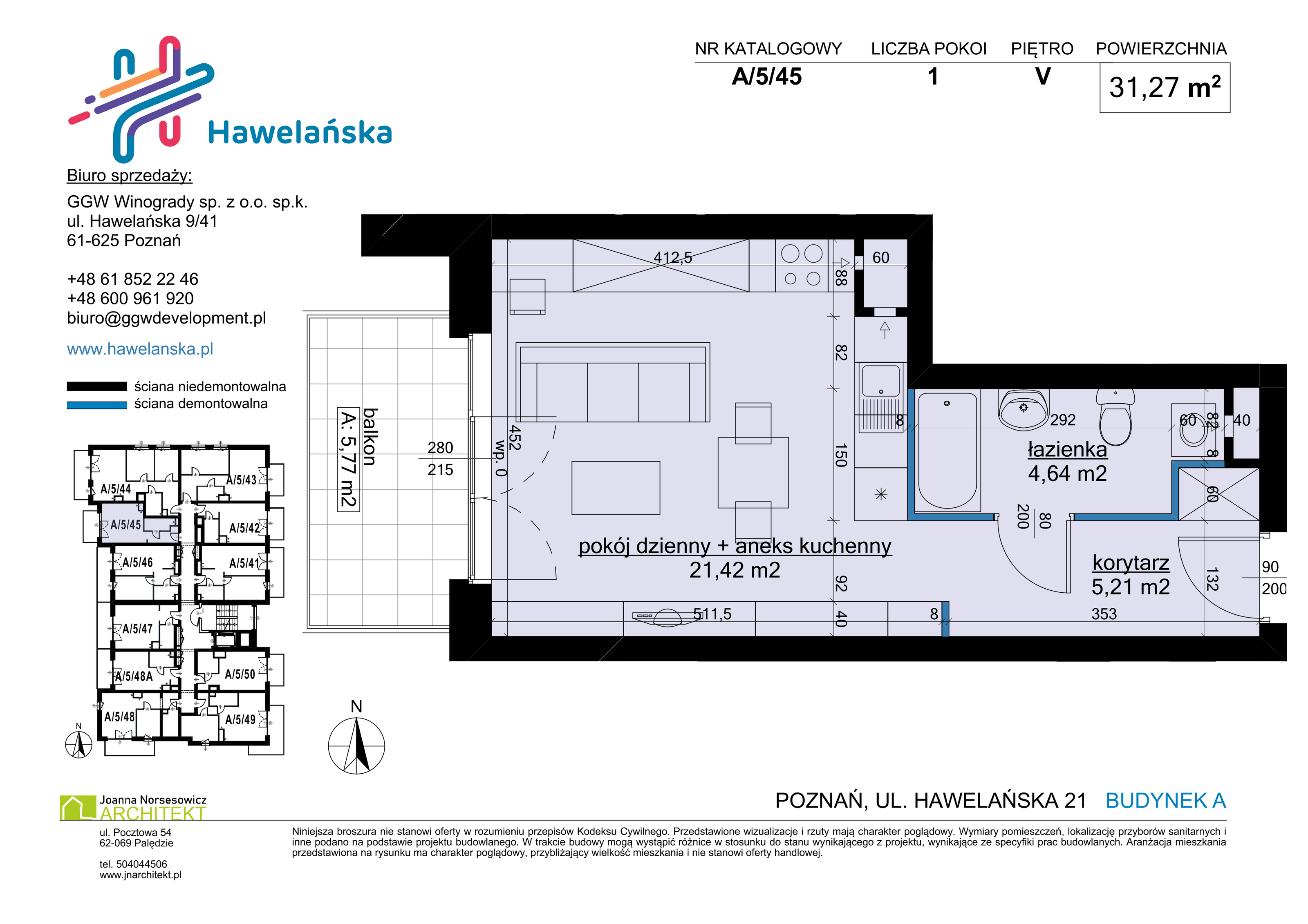 Mieszkanie 31,27 m², piętro 5, oferta nr A/5/45, Osiedle Hawelańska III etap, Poznań, Winogrady, ul. Hawelańska 25-idx