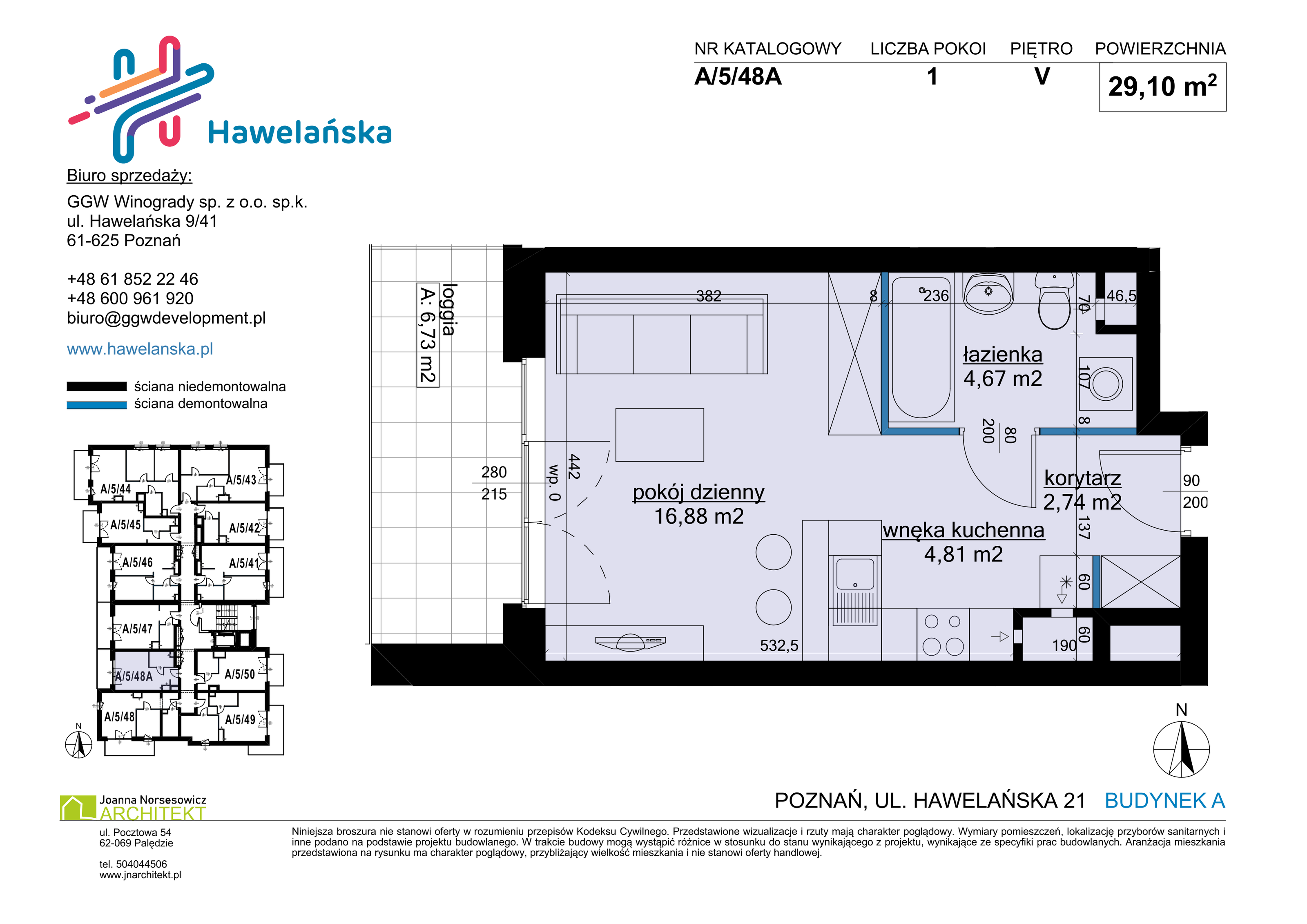 Mieszkanie 29,10 m², piętro 5, oferta nr A/5/48A, Osiedle Hawelańska III etap, Poznań, Winogrady, ul. Hawelańska 25-idx