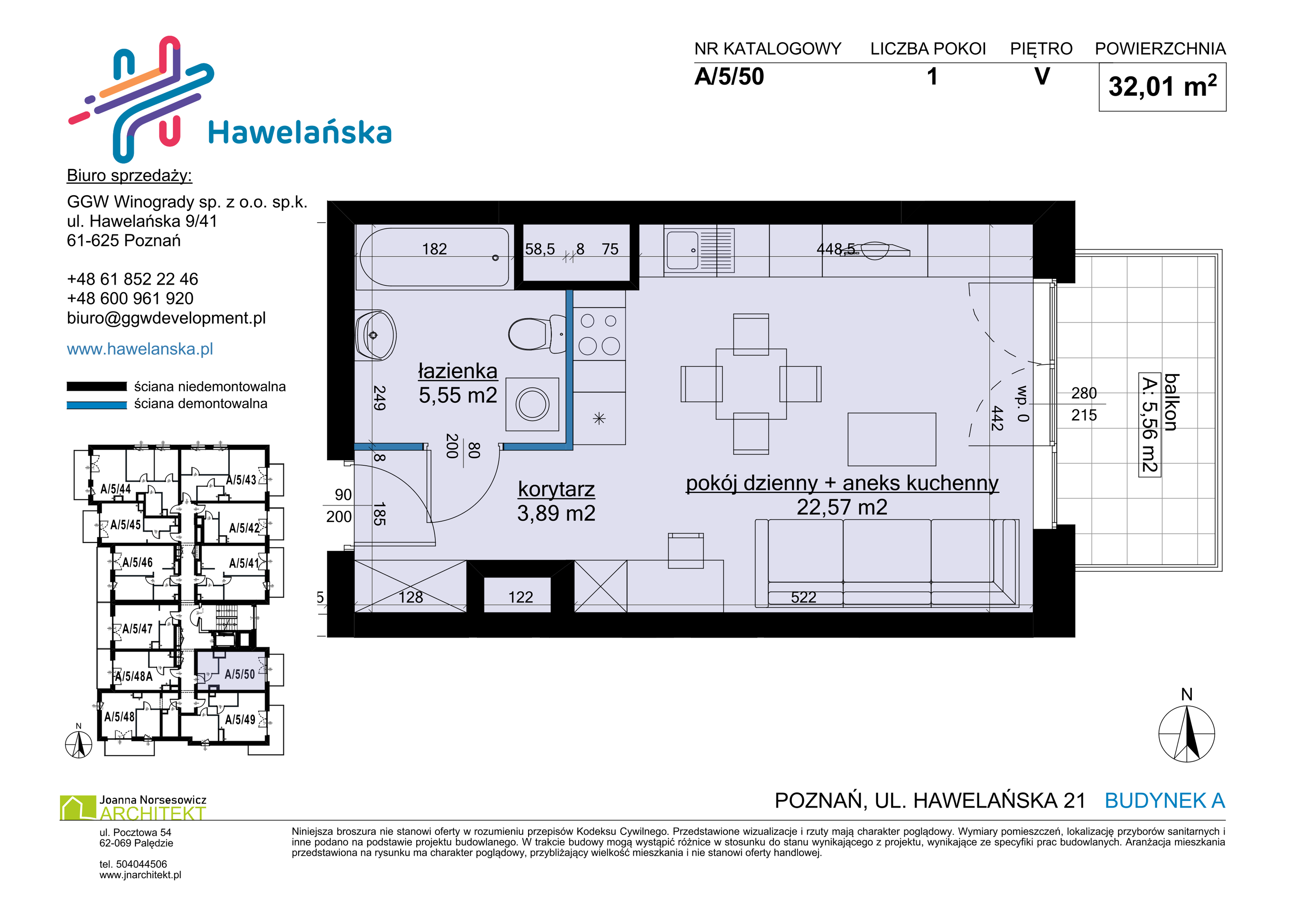 Mieszkanie 32,01 m², piętro 5, oferta nr A/5/50, Osiedle Hawelańska III etap, Poznań, Winogrady, ul. Hawelańska 25-idx