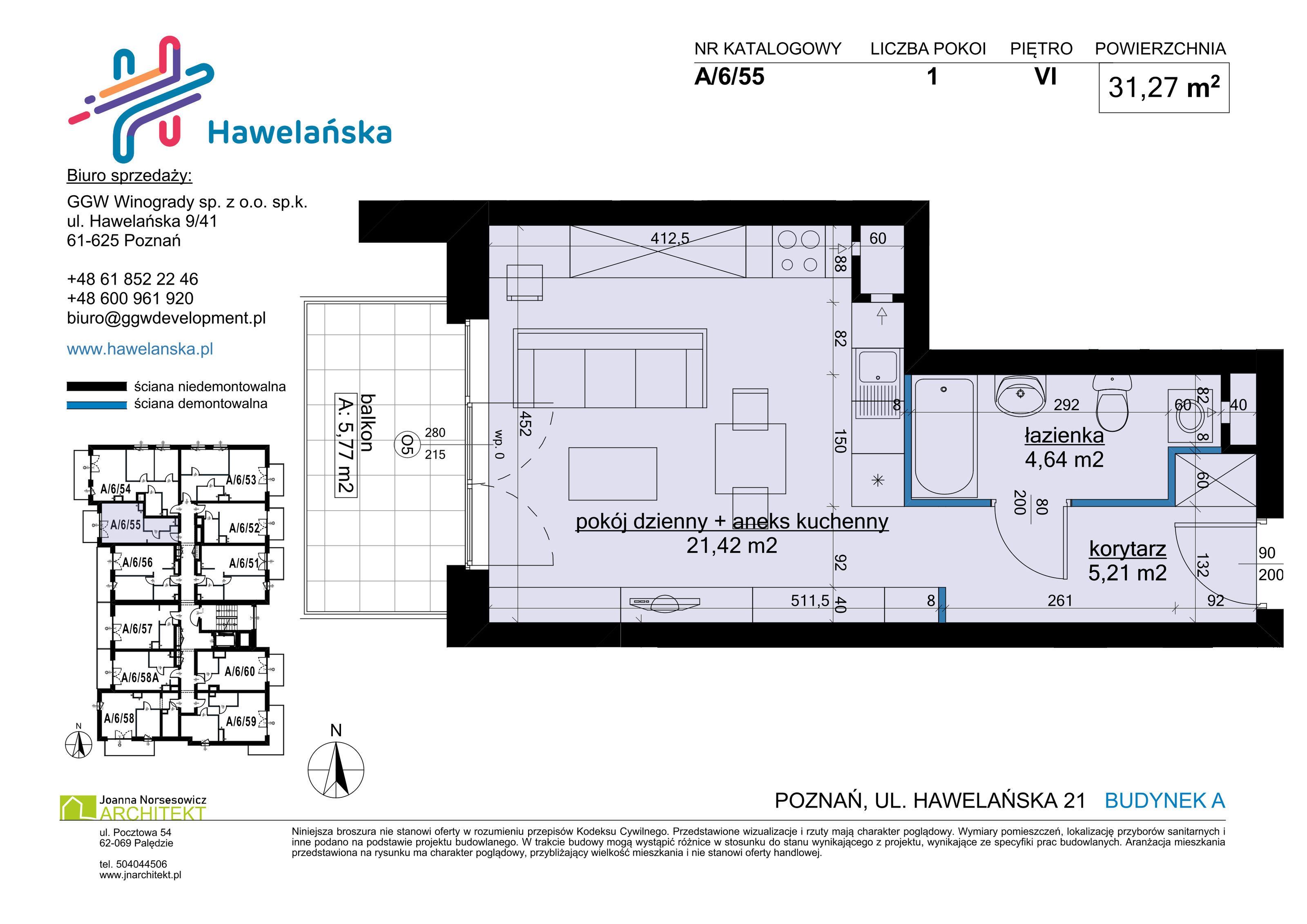 Mieszkanie 31,27 m², piętro 6, oferta nr A/6/55, Osiedle Hawelańska III etap, Poznań, Winogrady, ul. Hawelańska 25-idx