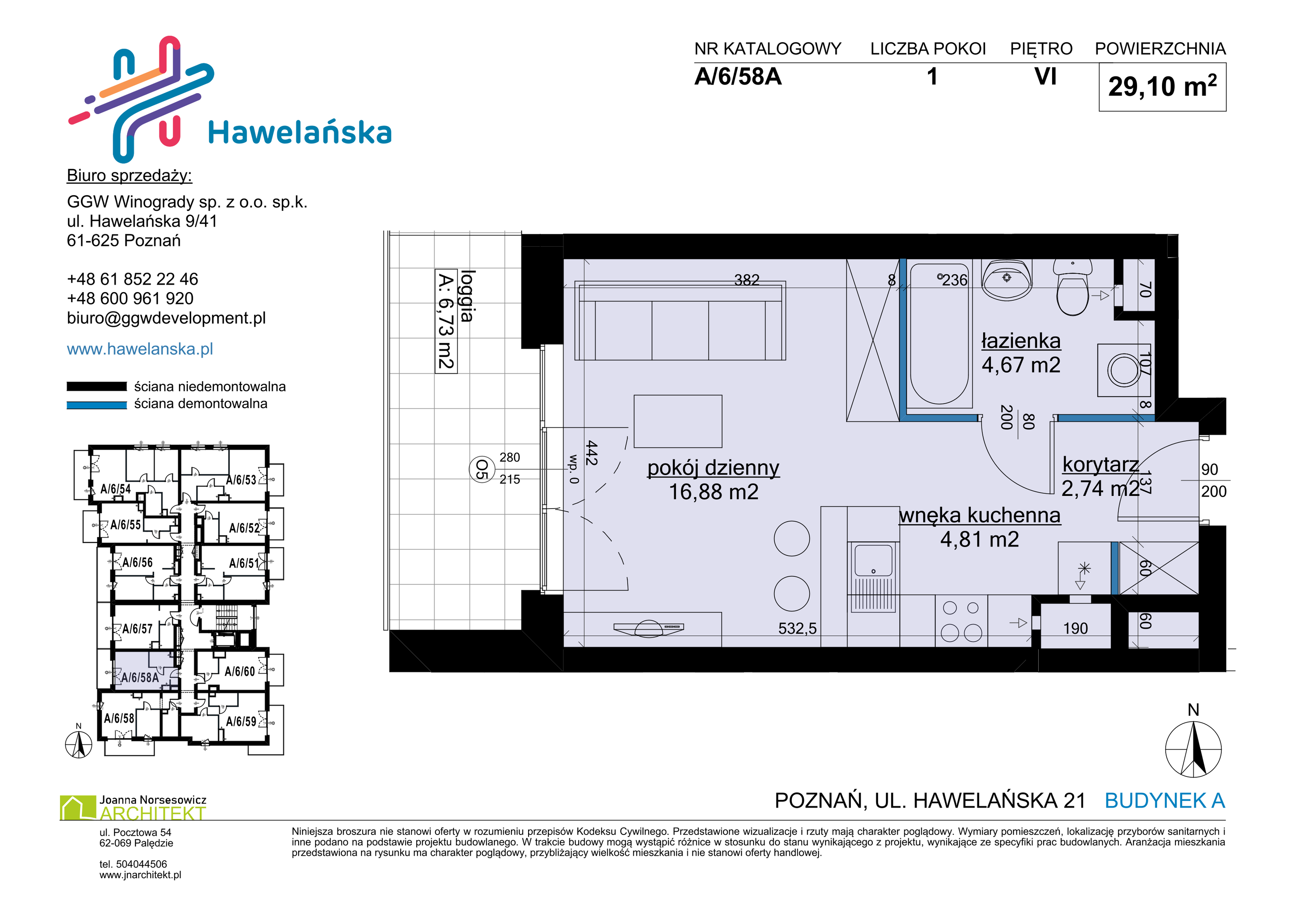 Mieszkanie 29,10 m², piętro 6, oferta nr A/6/58A, Osiedle Hawelańska III etap, Poznań, Winogrady, ul. Hawelańska 25-idx