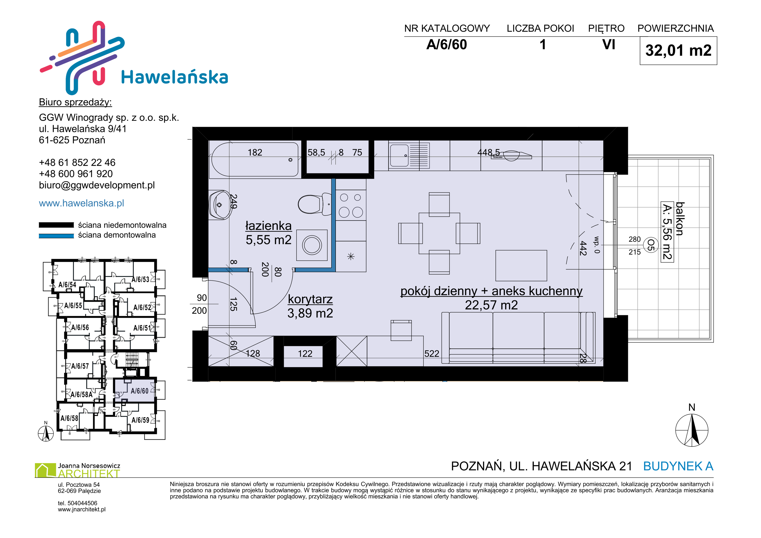 Mieszkanie 32,01 m², piętro 6, oferta nr A/6/60, Osiedle Hawelańska III etap, Poznań, Winogrady, ul. Hawelańska 25-idx