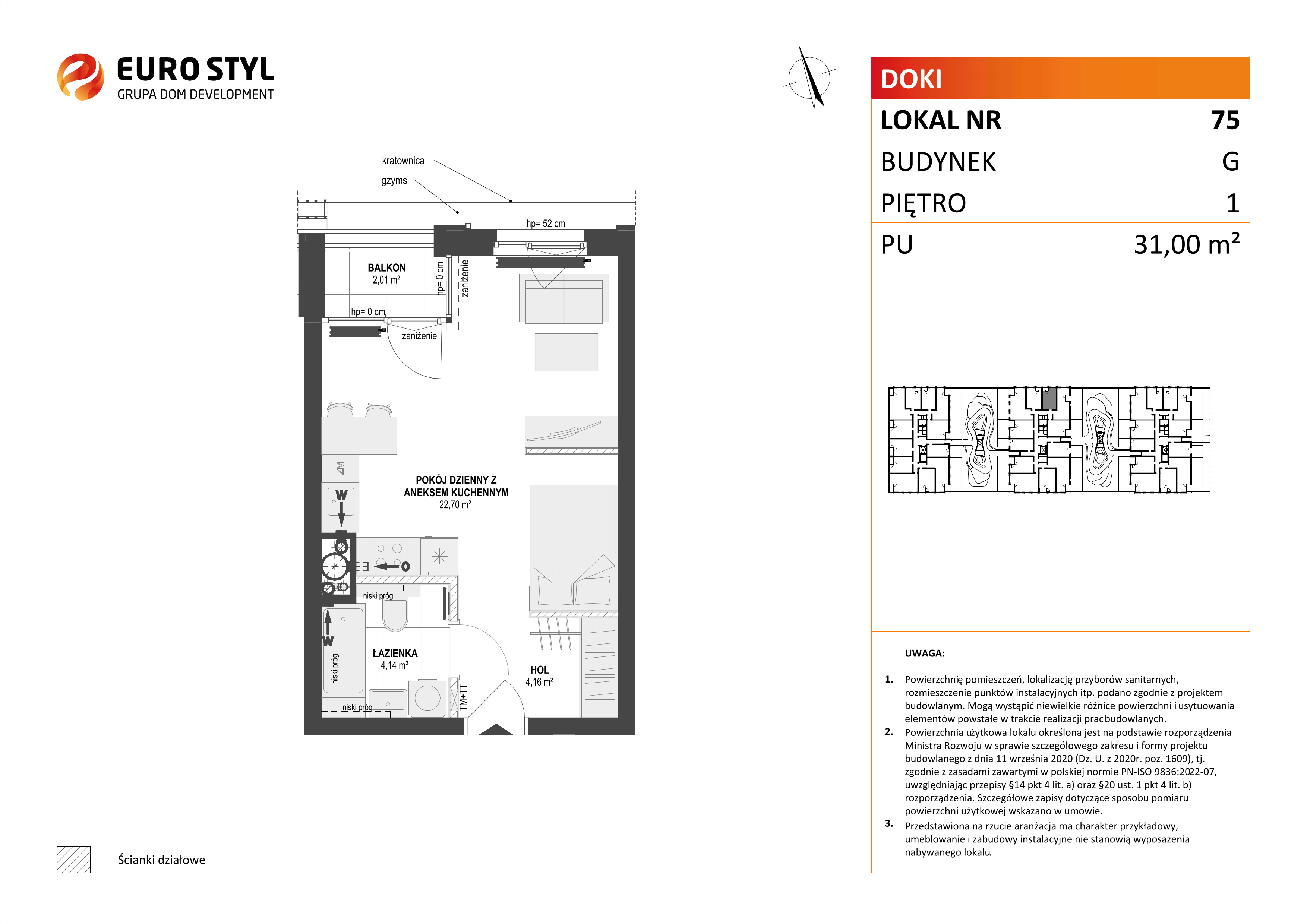 Mieszkanie 31,00 m², piętro 1, oferta nr G/75, DOKI Living - etap II, Gdańsk, Śródmieście, ul. Aleja Doki-idx