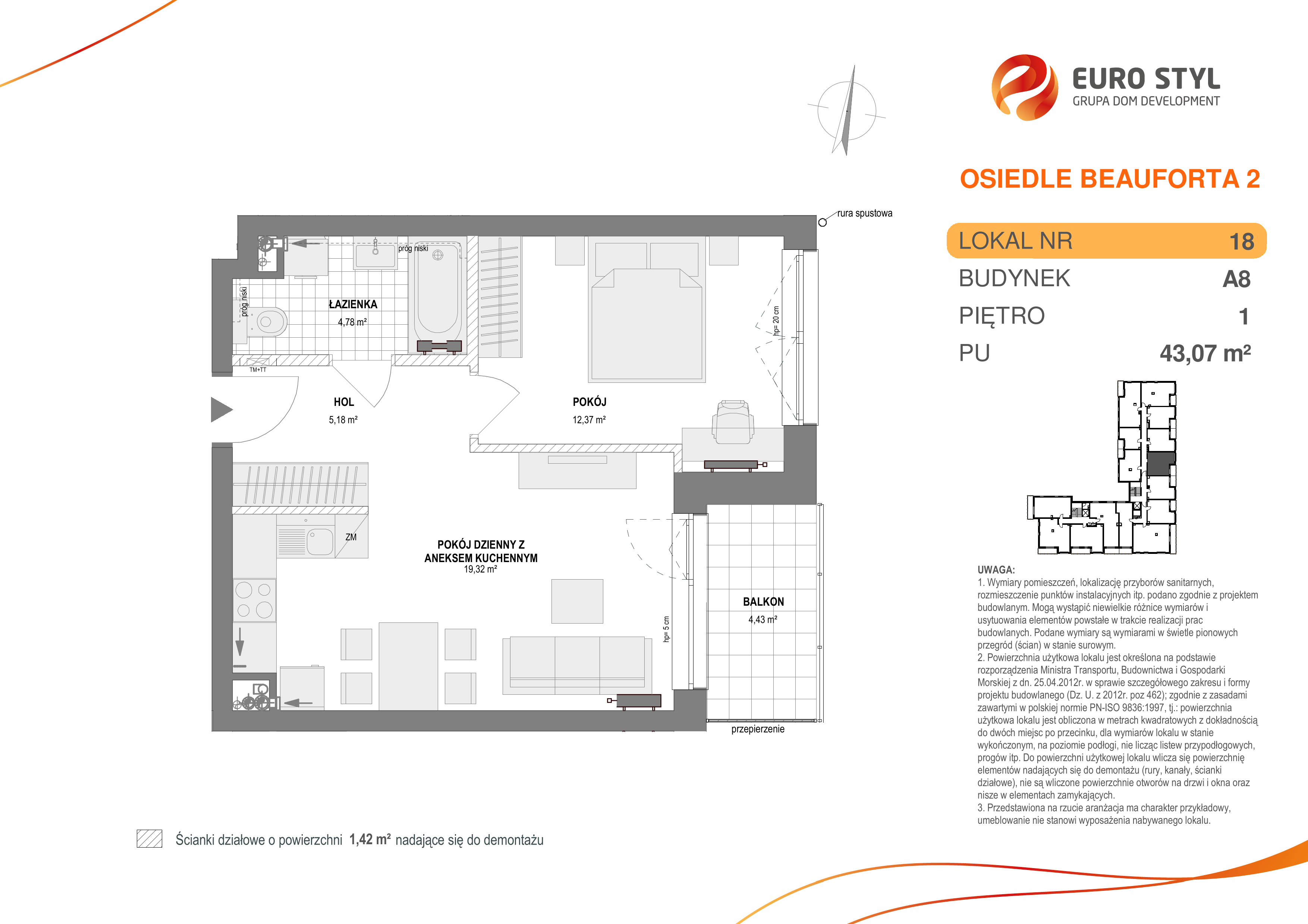 Mieszkanie 43,07 m², piętro 1, oferta nr A8/18, Osiedle Beauforta 2, Gdynia, Pogórze, ul. H. Derdowskiego-idx