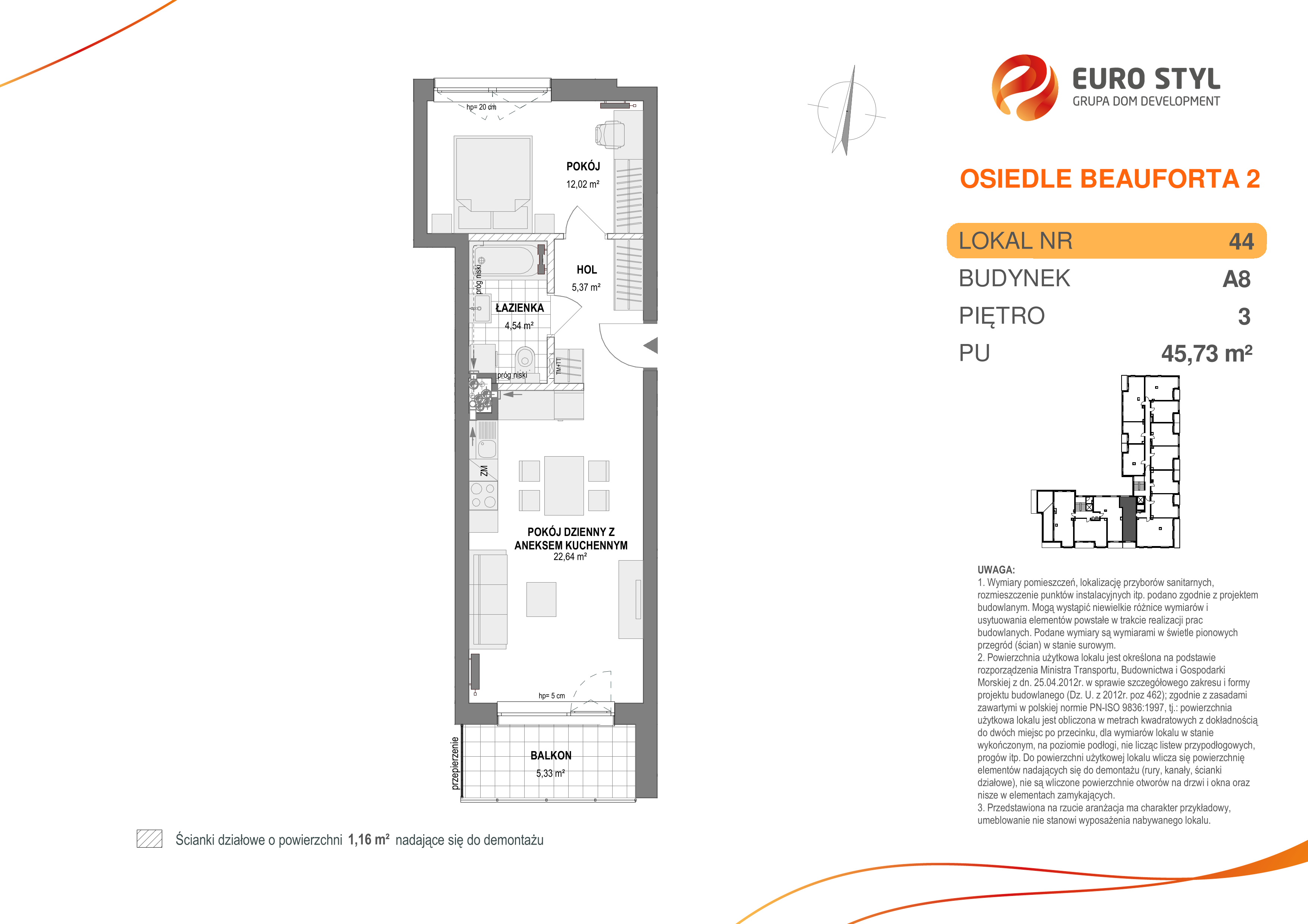 Mieszkanie 45,73 m², piętro 3, oferta nr A8/44, Osiedle Beauforta 2, Gdynia, Pogórze, ul. H. Derdowskiego-idx