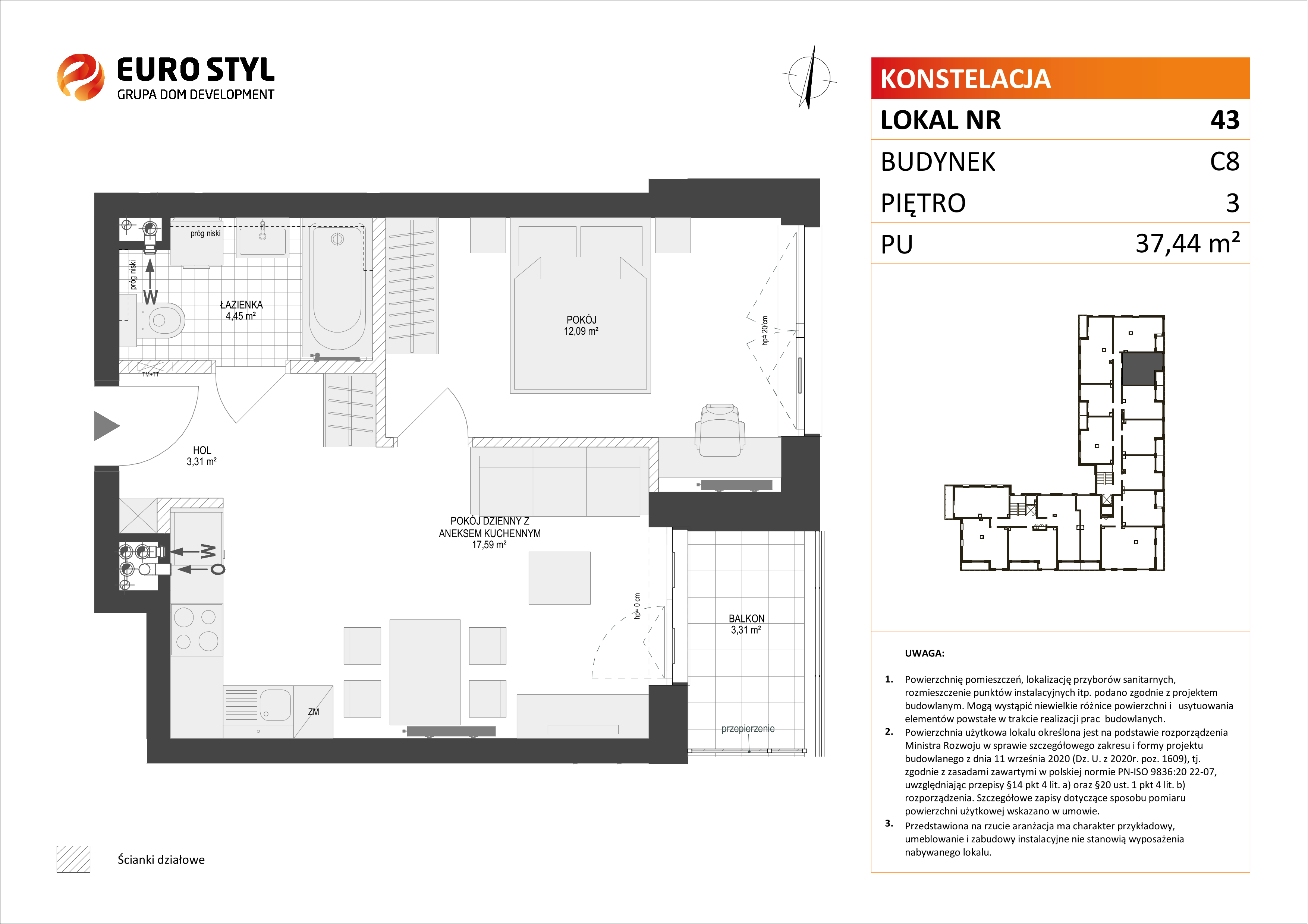 Mieszkanie 37,44 m², piętro 3, oferta nr C8/43, Konstelacja etap II, Gdynia, Pogórze, ul. Paderewskiego-idx