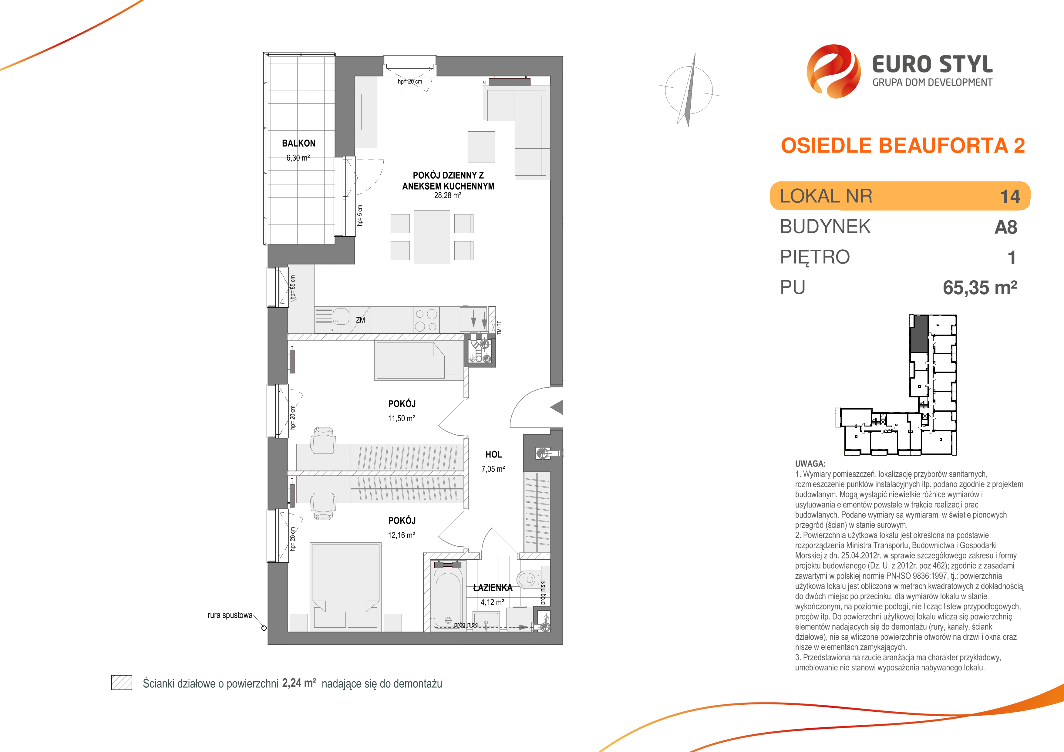 Mieszkanie 65,35 m², piętro 1, oferta nr A8/14, Osiedle Beauforta 2, Gdynia, Pogórze, ul. H. Derdowskiego-idx