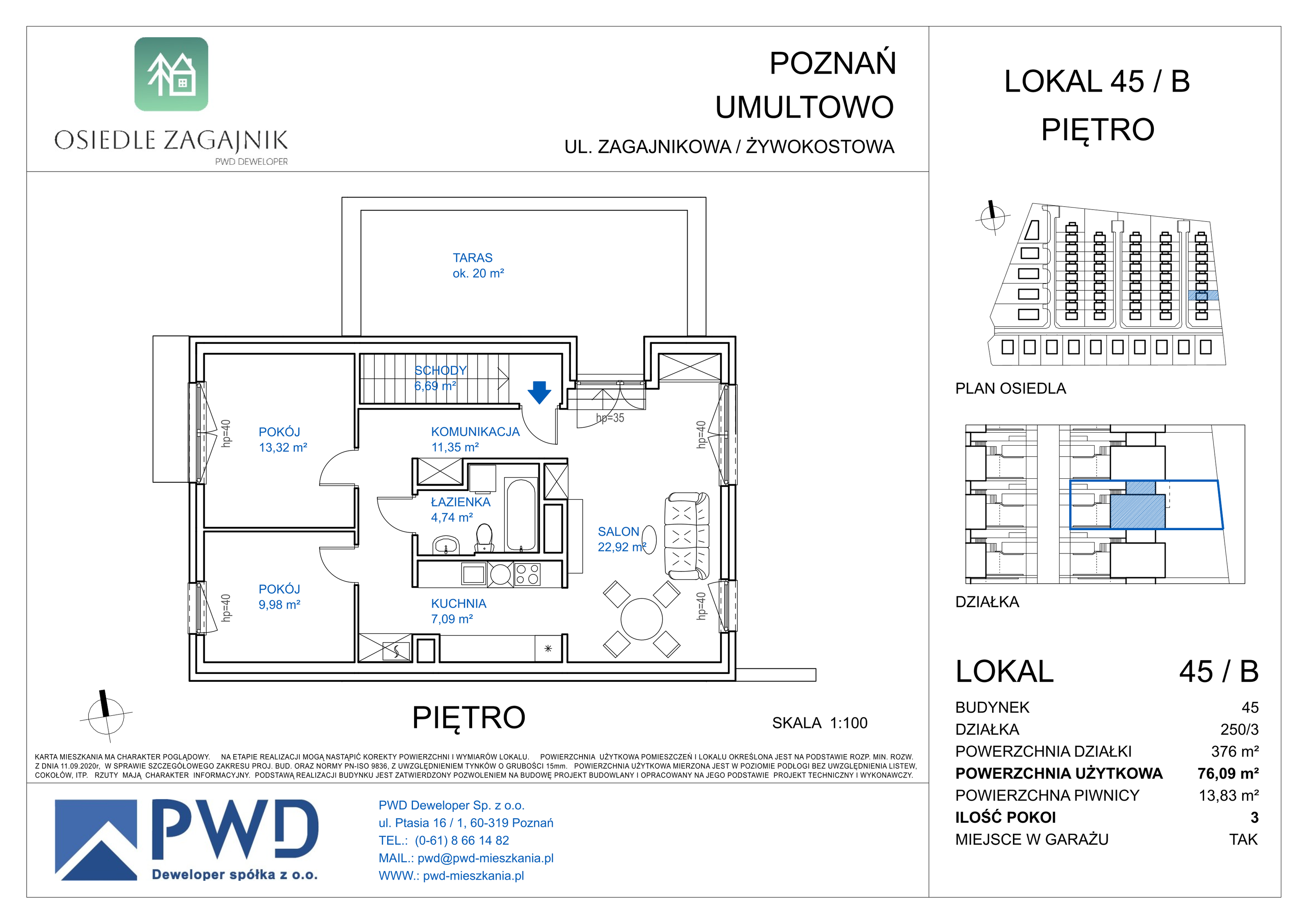 Mieszkanie 76,09 m², piętro 1, oferta nr 45 / B, Osiedle Zagajnik, Poznań, Umultowo, Umultowo, ul. Zagajnikowa-idx