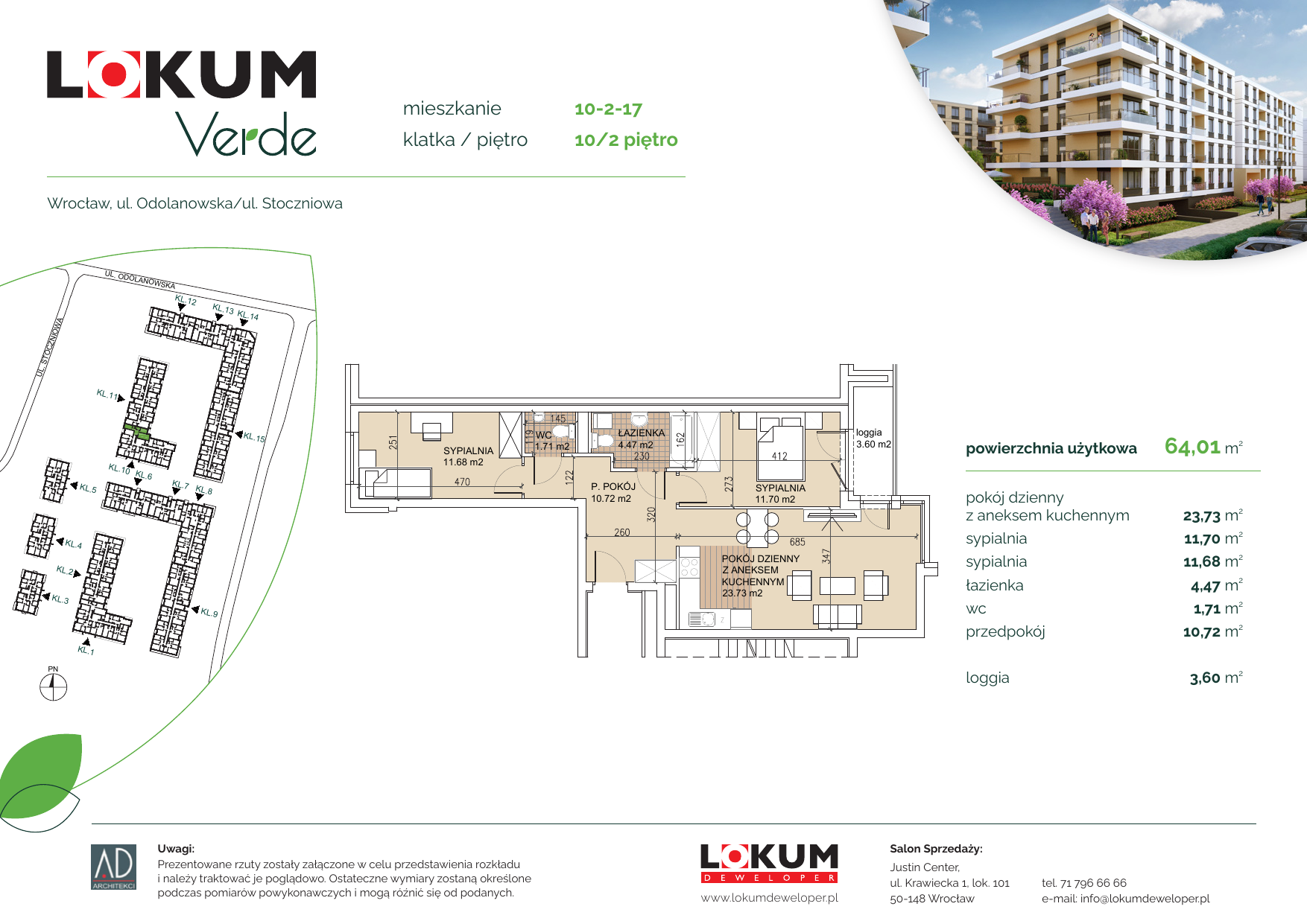 Apartament 63,89 m², piętro 2, oferta nr 10-2-17, Lokum Verde, Wrocław, Psie Pole-Zawidawie, Zakrzów, ul. Z. Gumińskiej/Odolanowska-idx