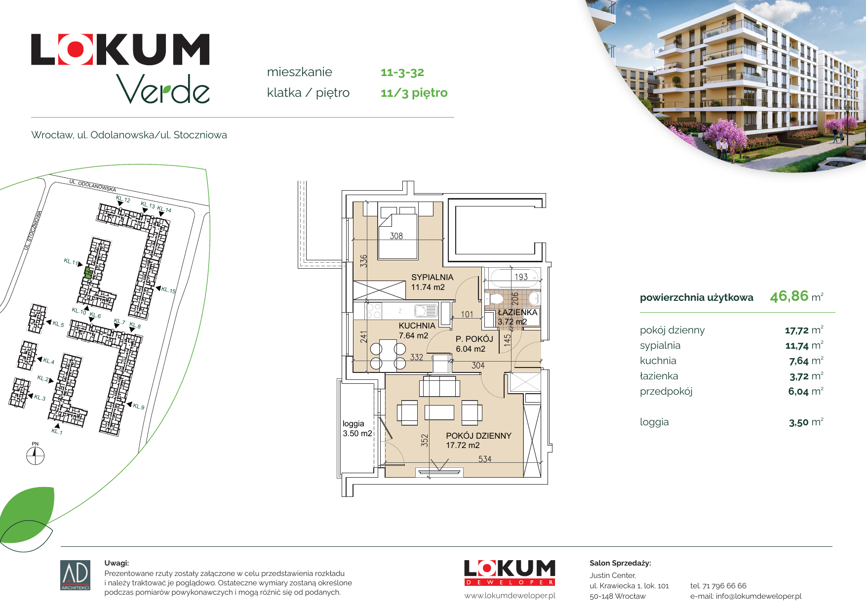 Apartament 46,64 m², piętro 3, oferta nr 11-3-32, Lokum Verde, Wrocław, Psie Pole-Zawidawie, Zakrzów, ul. Z. Gumińskiej/Odolanowska-idx