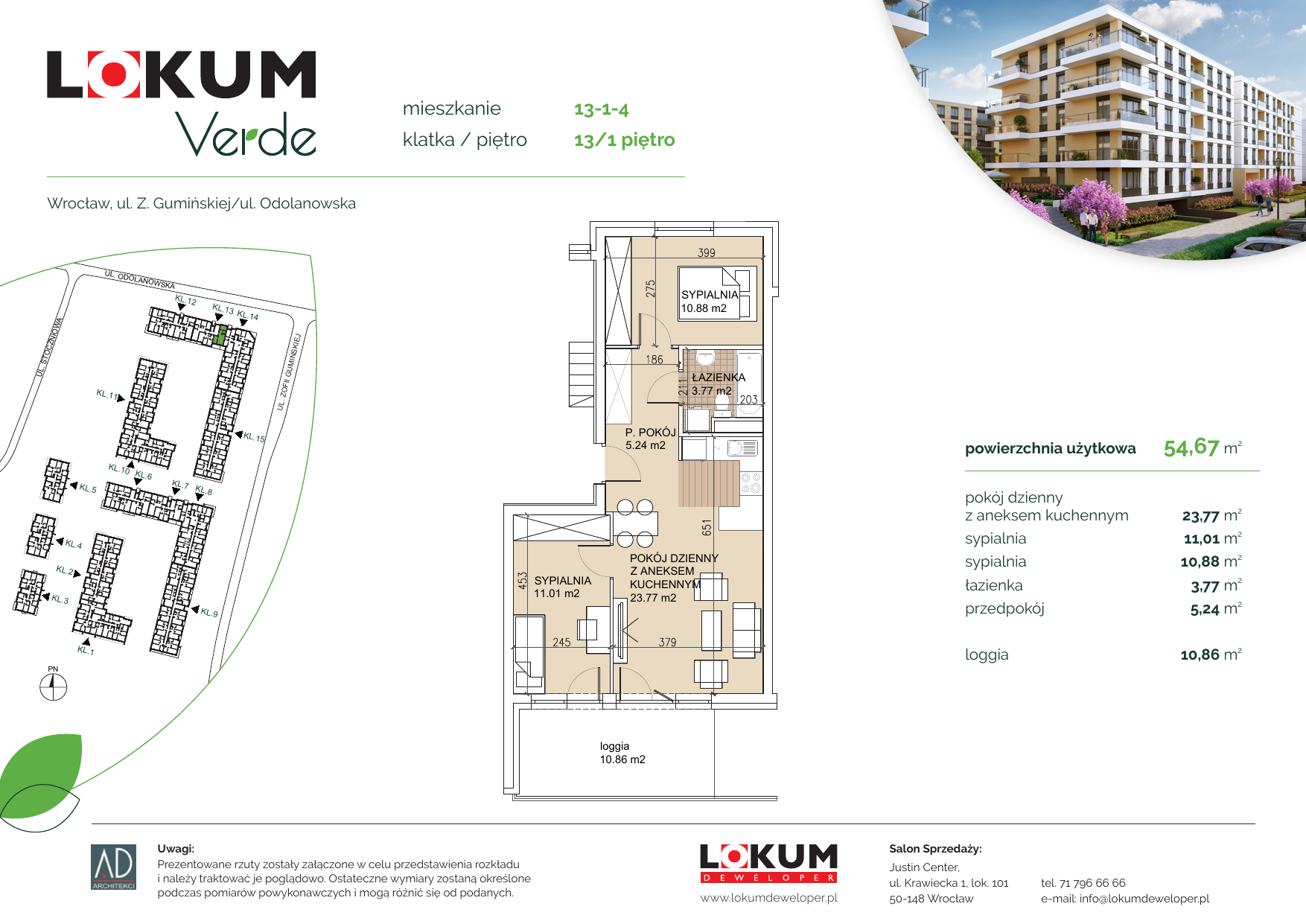 Apartament 54,53 m², piętro 1, oferta nr 13-1-4, Lokum Verde, Wrocław, Psie Pole-Zawidawie, Zakrzów, ul. Z. Gumińskiej/Odolanowska-idx