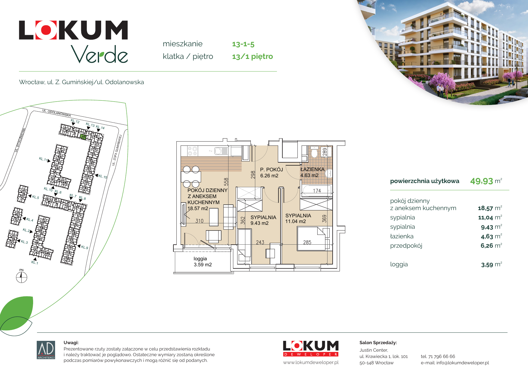 Apartament 49,72 m², piętro 1, oferta nr 13-1-5, Lokum Verde, Wrocław, Psie Pole-Zawidawie, Zakrzów, ul. Z. Gumińskiej/Odolanowska-idx