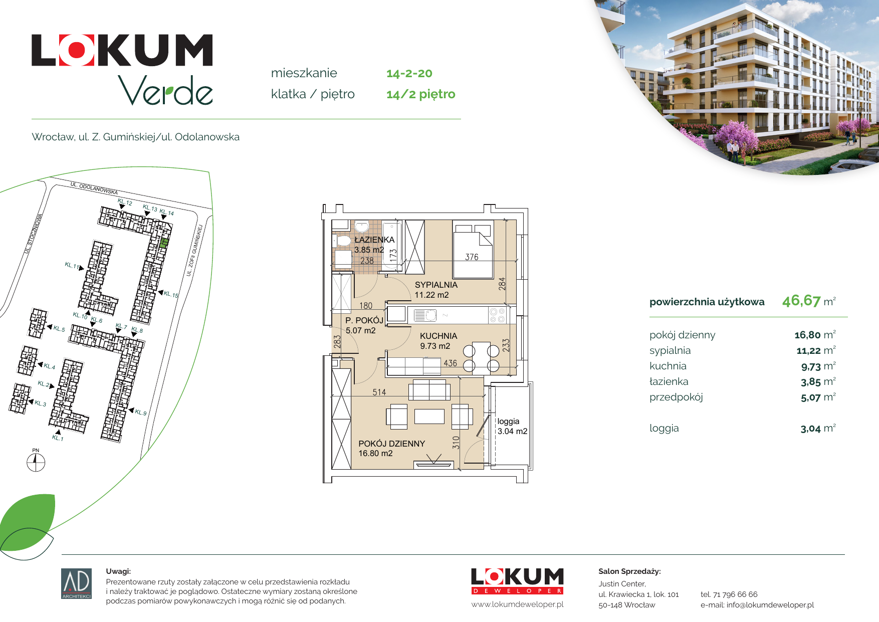 Apartament 46,57 m², piętro 2, oferta nr 14-2-20, Lokum Verde, Wrocław, Psie Pole-Zawidawie, Zakrzów, ul. Z. Gumińskiej/Odolanowska-idx