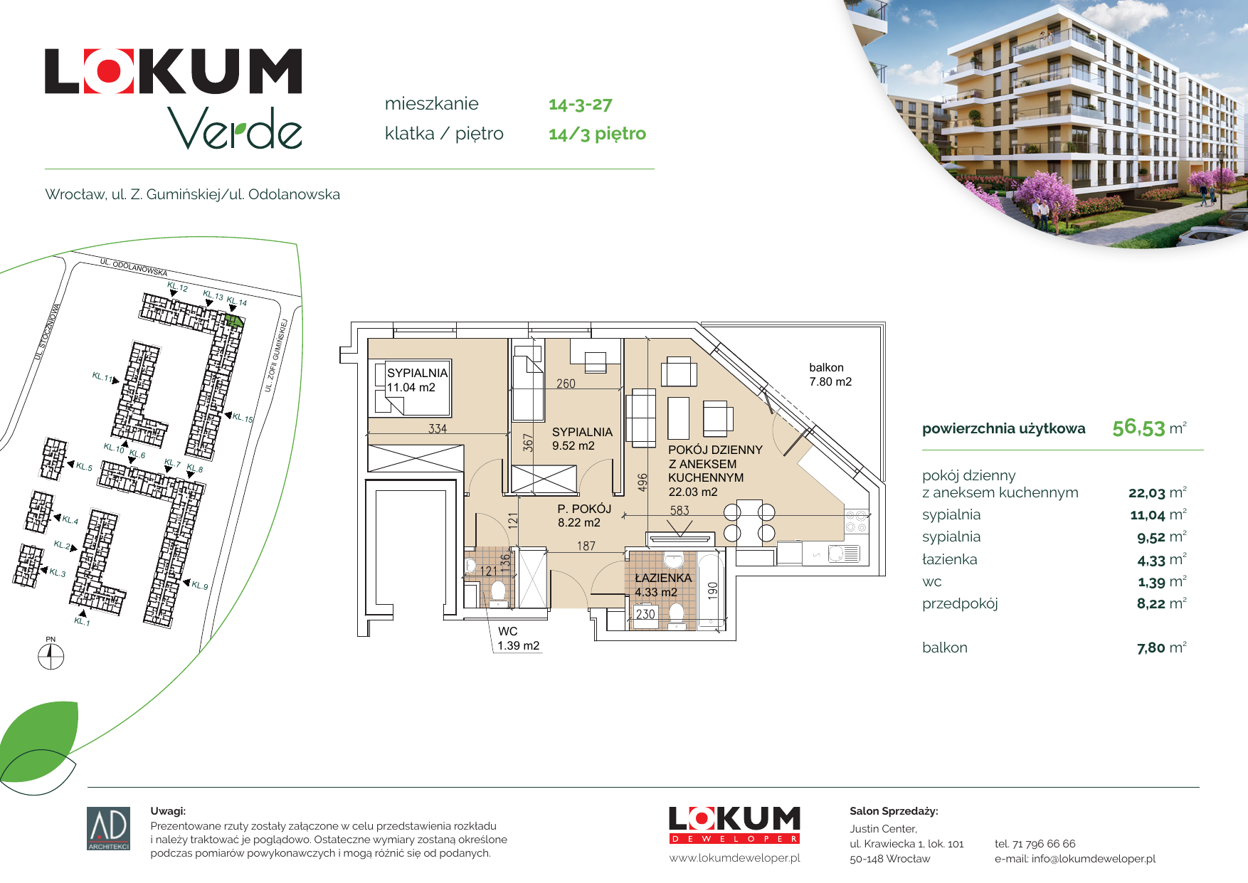 Apartament 56,33 m², piętro 3, oferta nr 14-3-27, Lokum Verde, Wrocław, Psie Pole-Zawidawie, Zakrzów, ul. Z. Gumińskiej/Odolanowska-idx