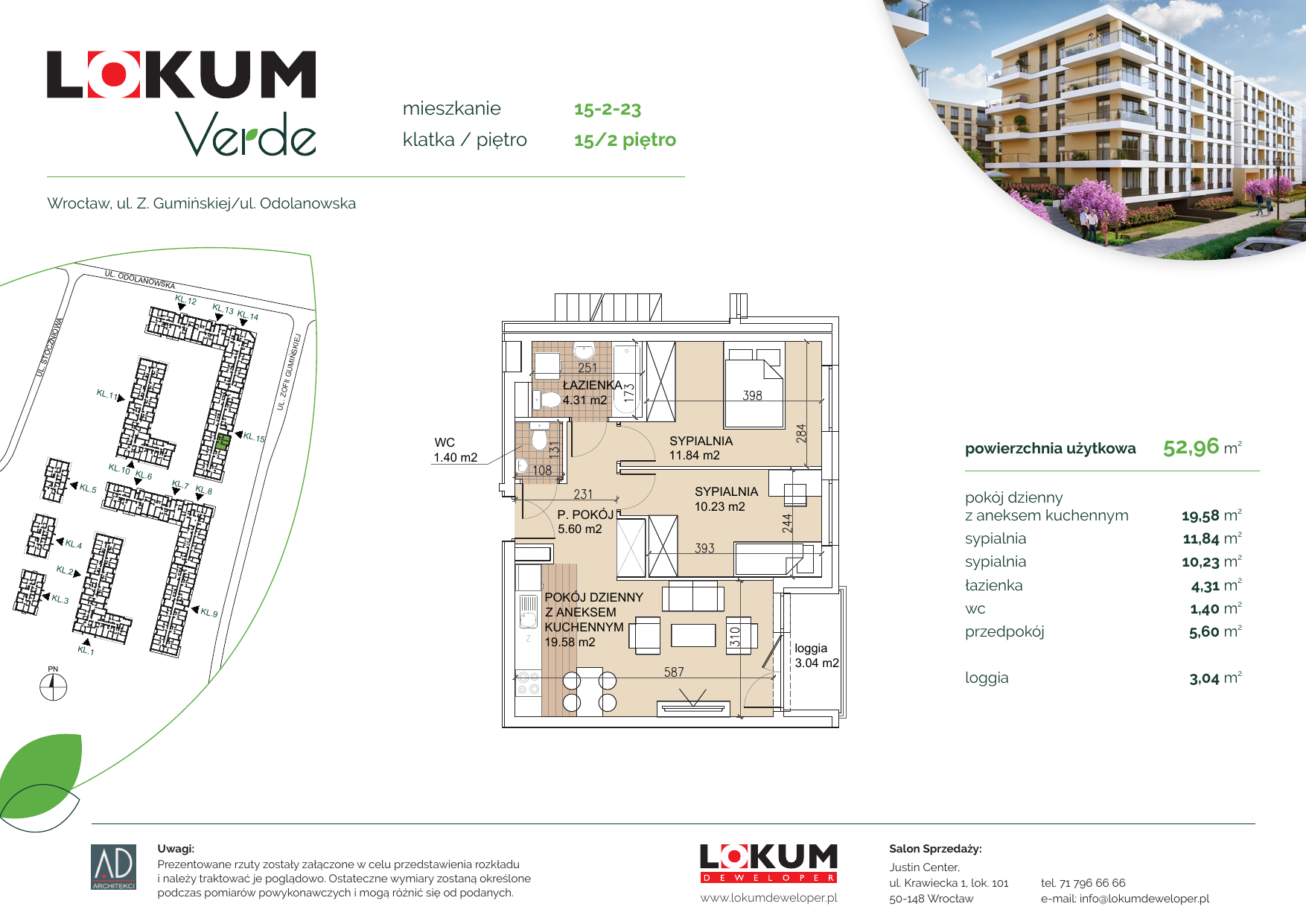 Apartament 52,78 m², piętro 2, oferta nr 15-2-23, Lokum Verde, Wrocław, Psie Pole-Zawidawie, Zakrzów, ul. Z. Gumińskiej/Odolanowska-idx