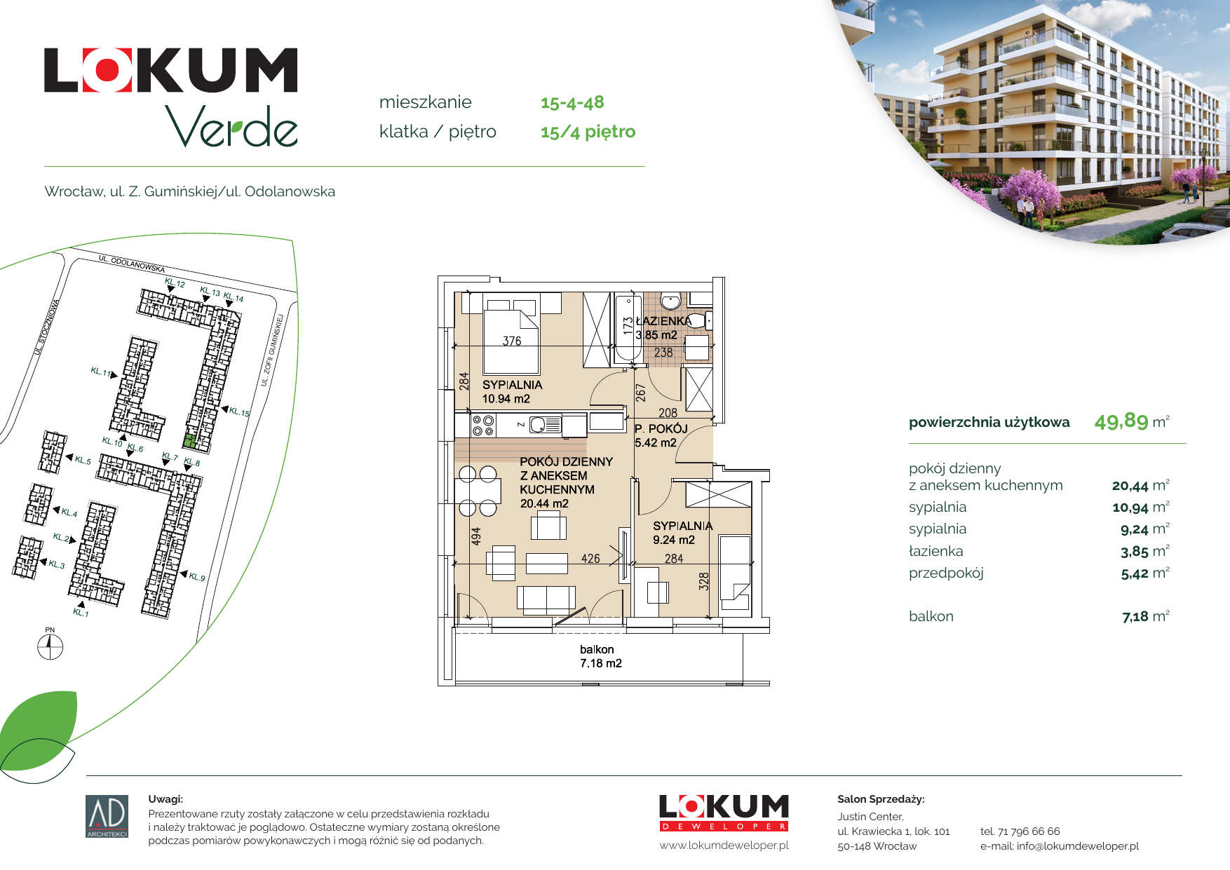 Apartament 49,68 m², piętro 4, oferta nr 15-4-48, Lokum Verde, Wrocław, Psie Pole-Zawidawie, Zakrzów, ul. Z. Gumińskiej/Odolanowska-idx