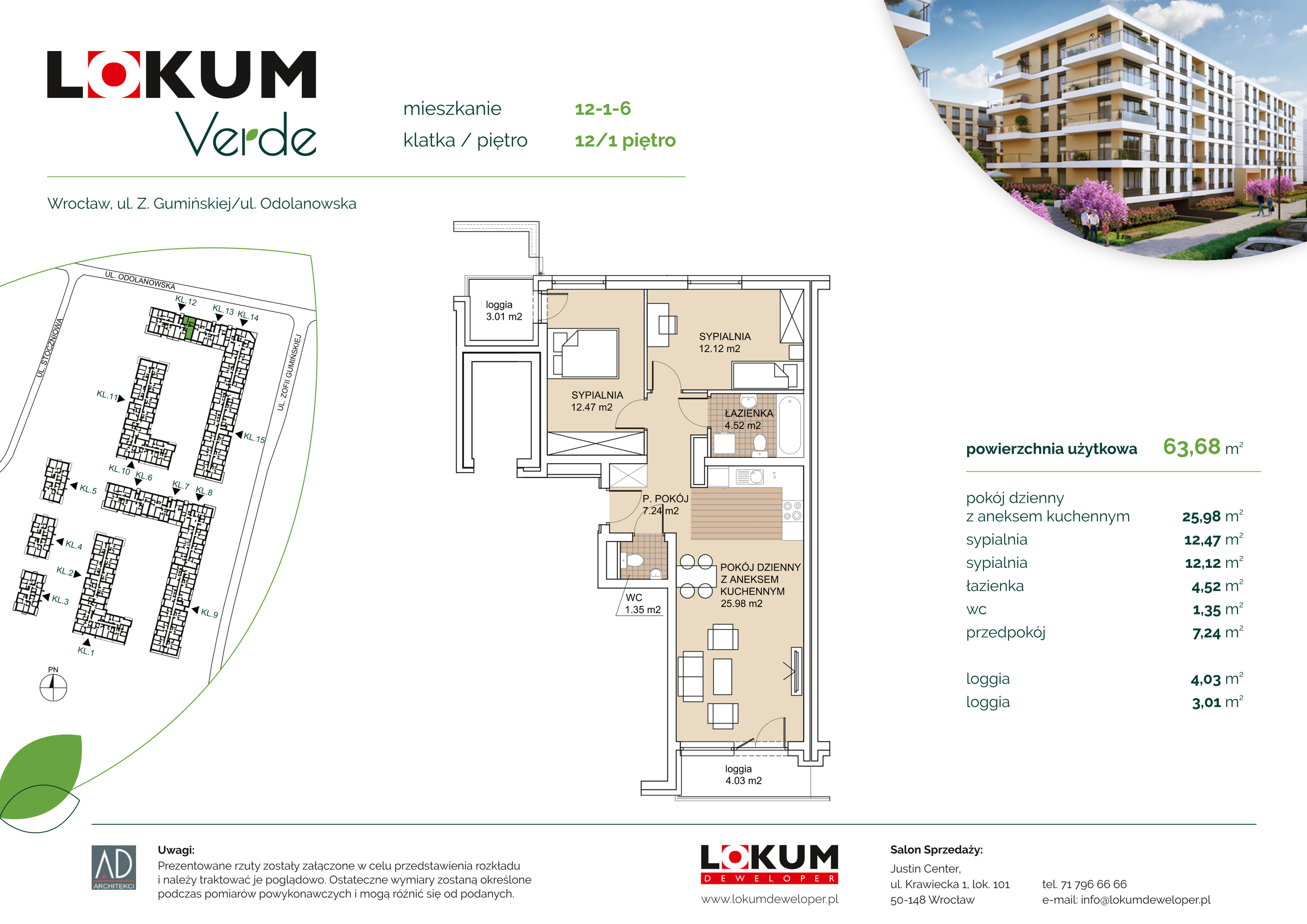 Apartament 63,68 m², piętro 1, oferta nr 12-1-6, Lokum Verde, Wrocław, Psie Pole-Zawidawie, Zakrzów, ul. Z. Gumińskiej/Odolanowska-idx