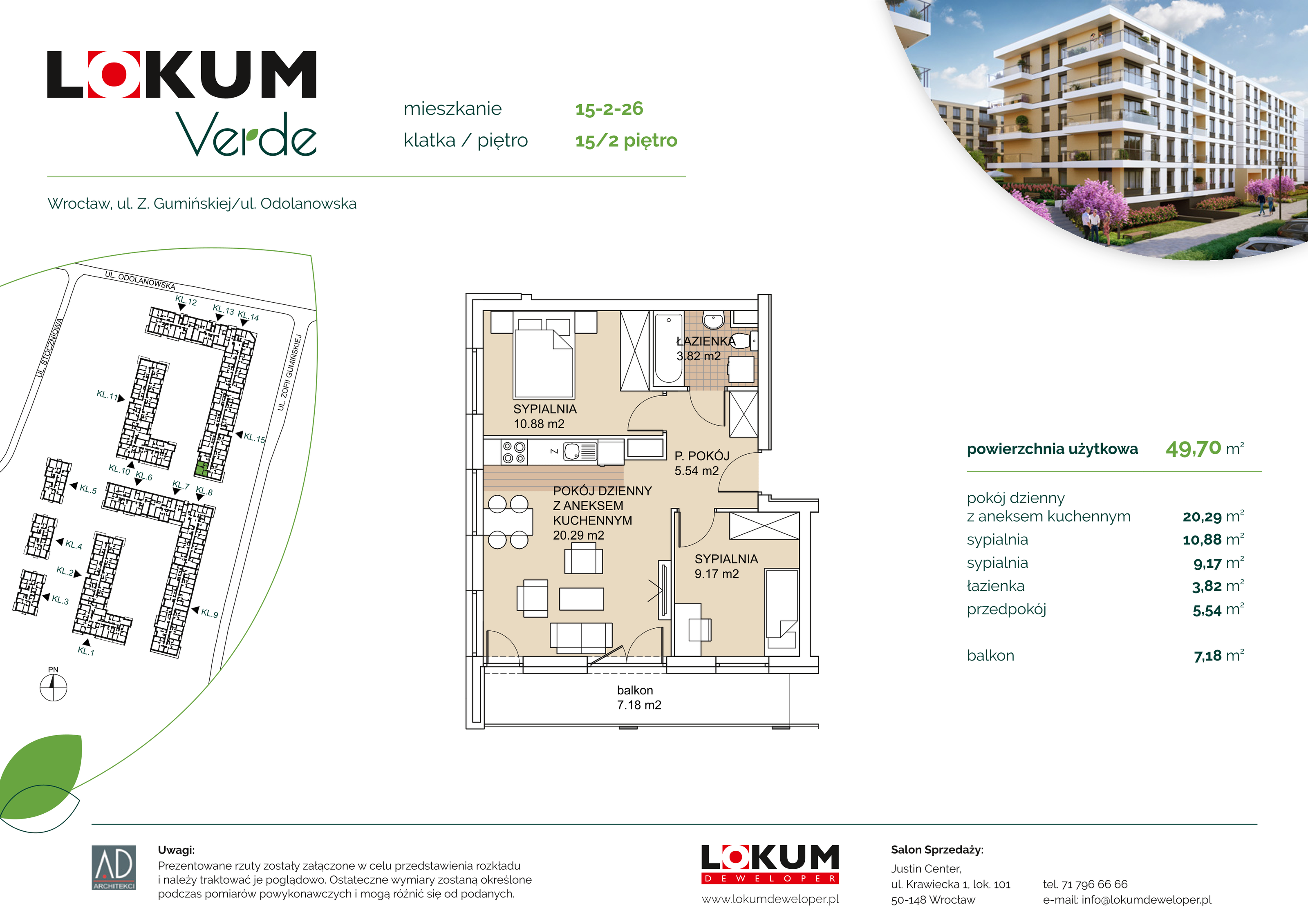 Apartament 49,70 m², piętro 2, oferta nr 15-2-26, Lokum Verde, Wrocław, Psie Pole-Zawidawie, Zakrzów, ul. Z. Gumińskiej/Odolanowska-idx