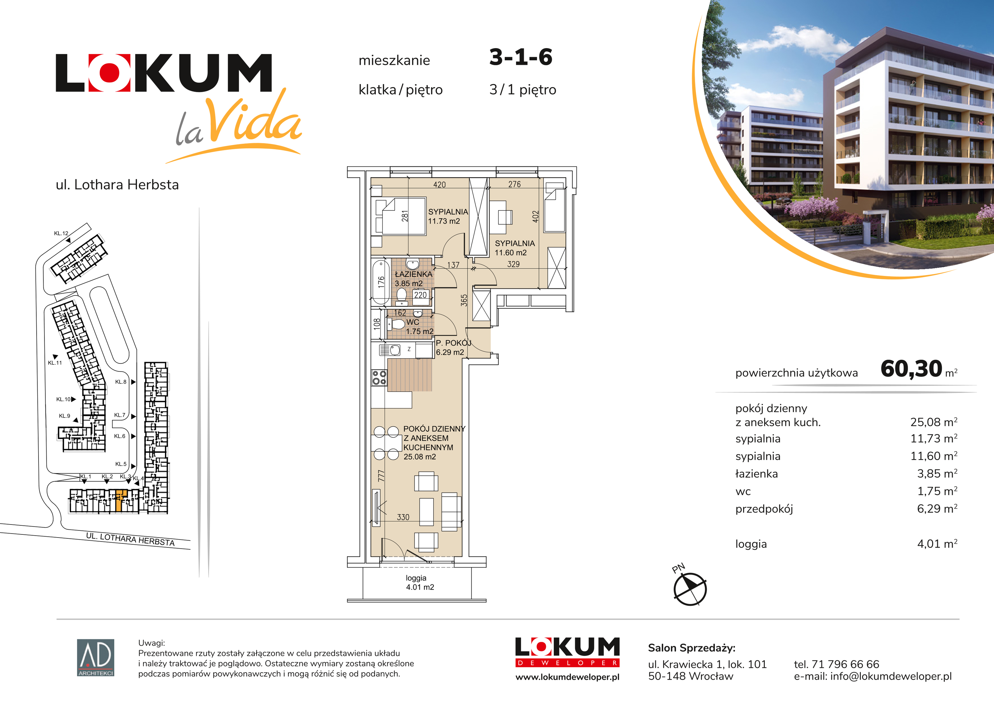 Mieszkanie 60,30 m², piętro 1, oferta nr 3-1-6, Lokum la Vida, Wrocław, Sołtysowice, ul. Lothara Herbsta-idx