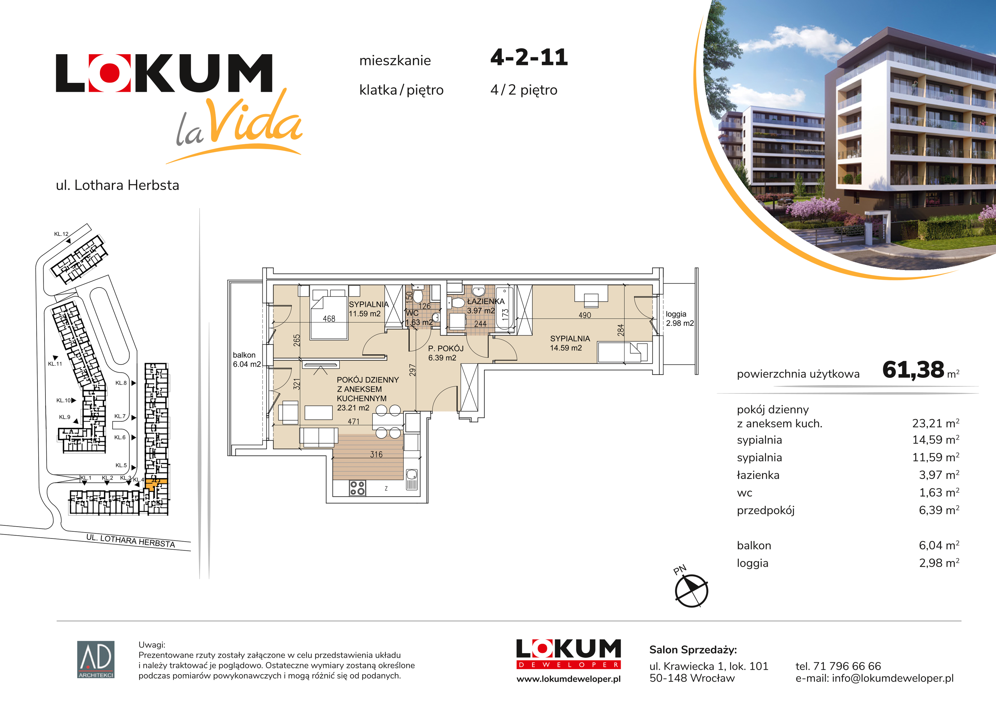 Mieszkanie 61,38 m², piętro 2, oferta nr 4-2-11, Lokum la Vida, Wrocław, Sołtysowice, ul. Lothara Herbsta-idx