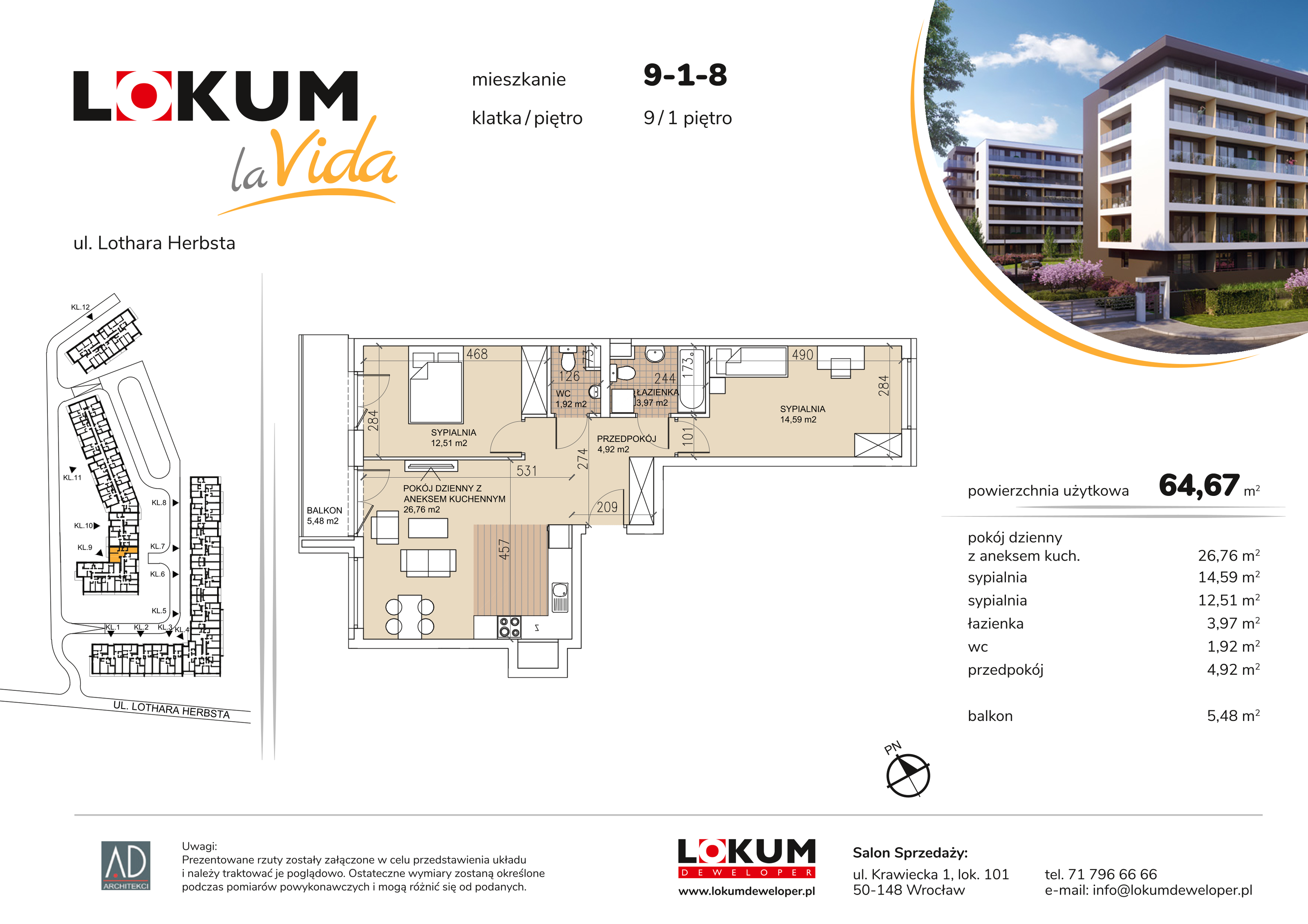 Mieszkanie 64,67 m², piętro 1, oferta nr 9-1-8, Lokum la Vida Etap II, Wrocław, Sołtysowice, ul. Lothara Herbsta-idx