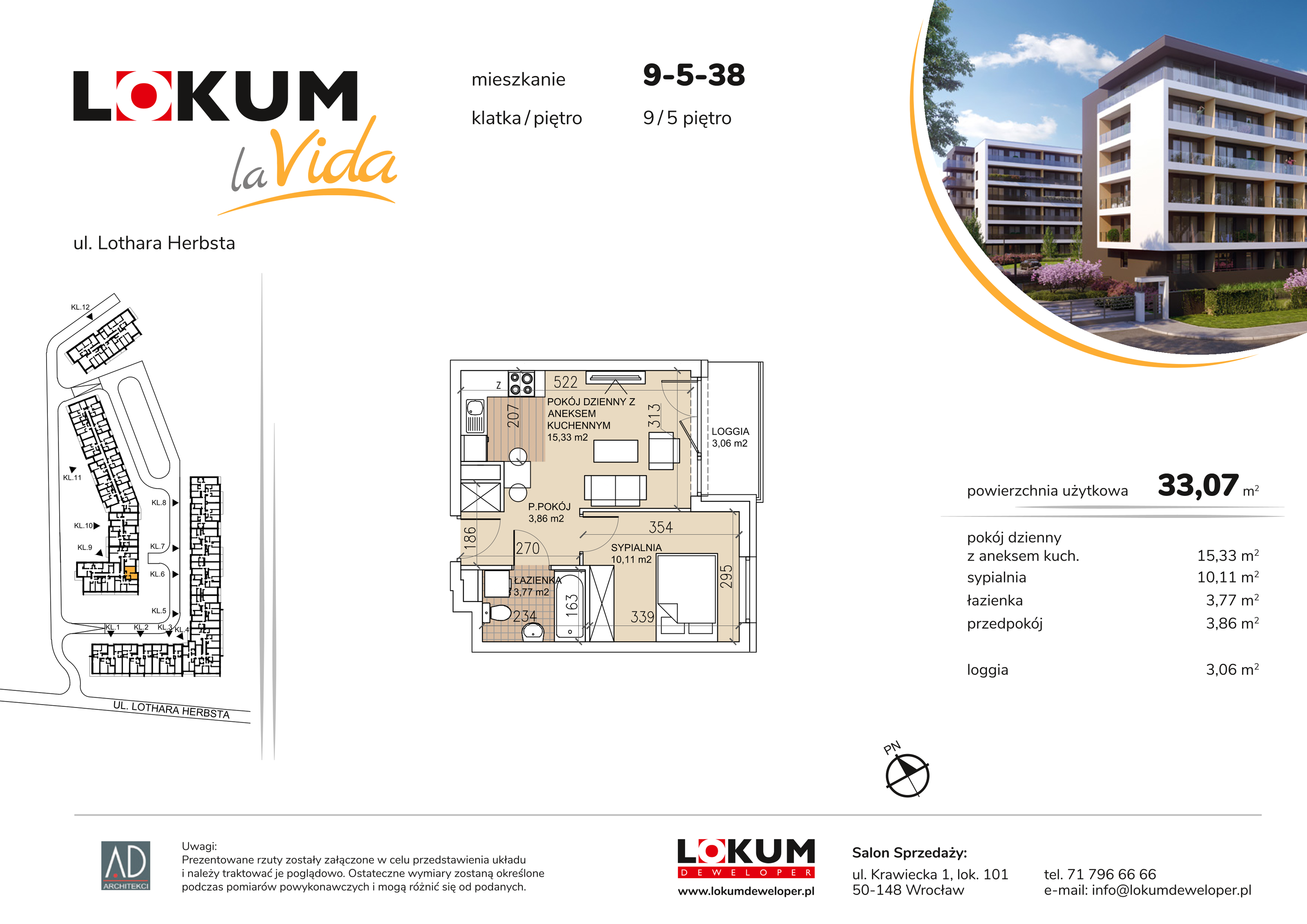 Mieszkanie 33,07 m², piętro 5, oferta nr 9-5-38, Lokum la Vida Etap II, Wrocław, Sołtysowice, ul. Lothara Herbsta-idx