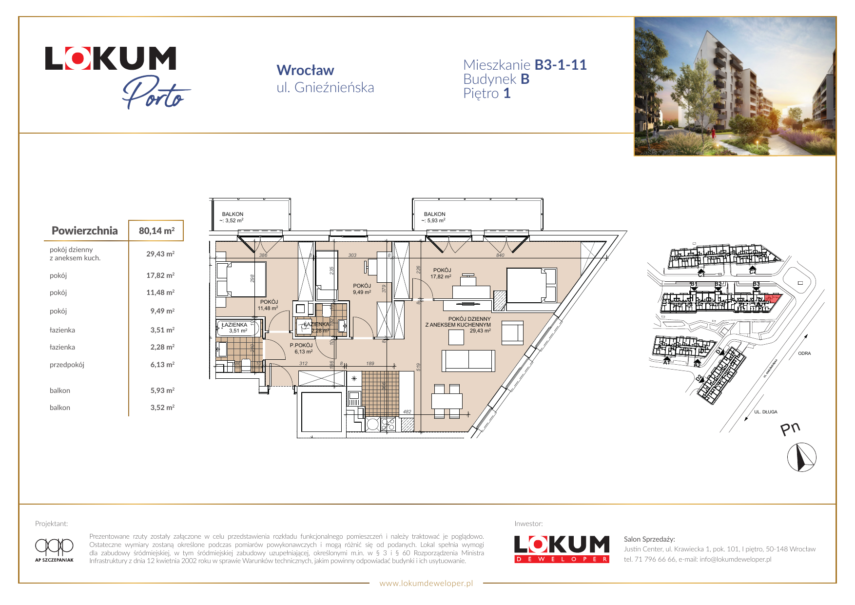 Mieszkanie 80,01 m², piętro 1, oferta nr B3-1-11, Lokum Porto, Wrocław, Szczepin, ul. Długa/Gnieźnieńska-idx