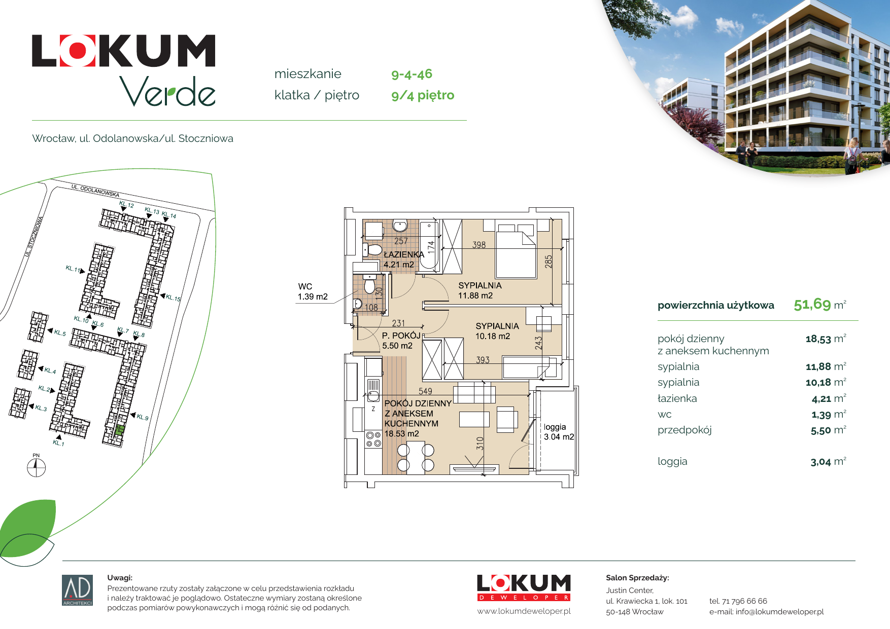 Apartament 51,49 m², piętro 4, oferta nr 9-4-46, Lokum Verde, Wrocław, Psie Pole-Zawidawie, Zakrzów, ul. Z. Gumińskiej/Odolanowska-idx