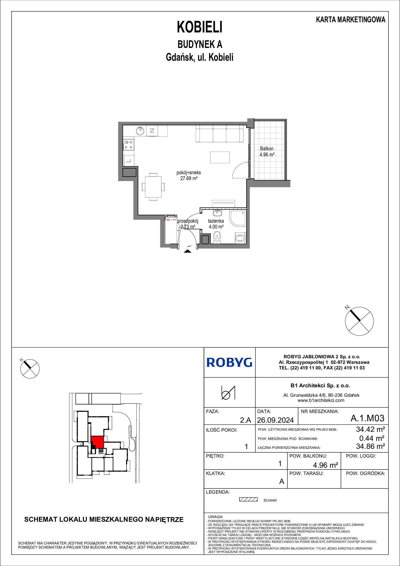 Mieszkanie 34,42 m², piętro 1, oferta nr A.1M03, KOBIELI 4, Gdańsk, Brzeźno, ul. Bogumiła Kobieli / Gdańska-idx