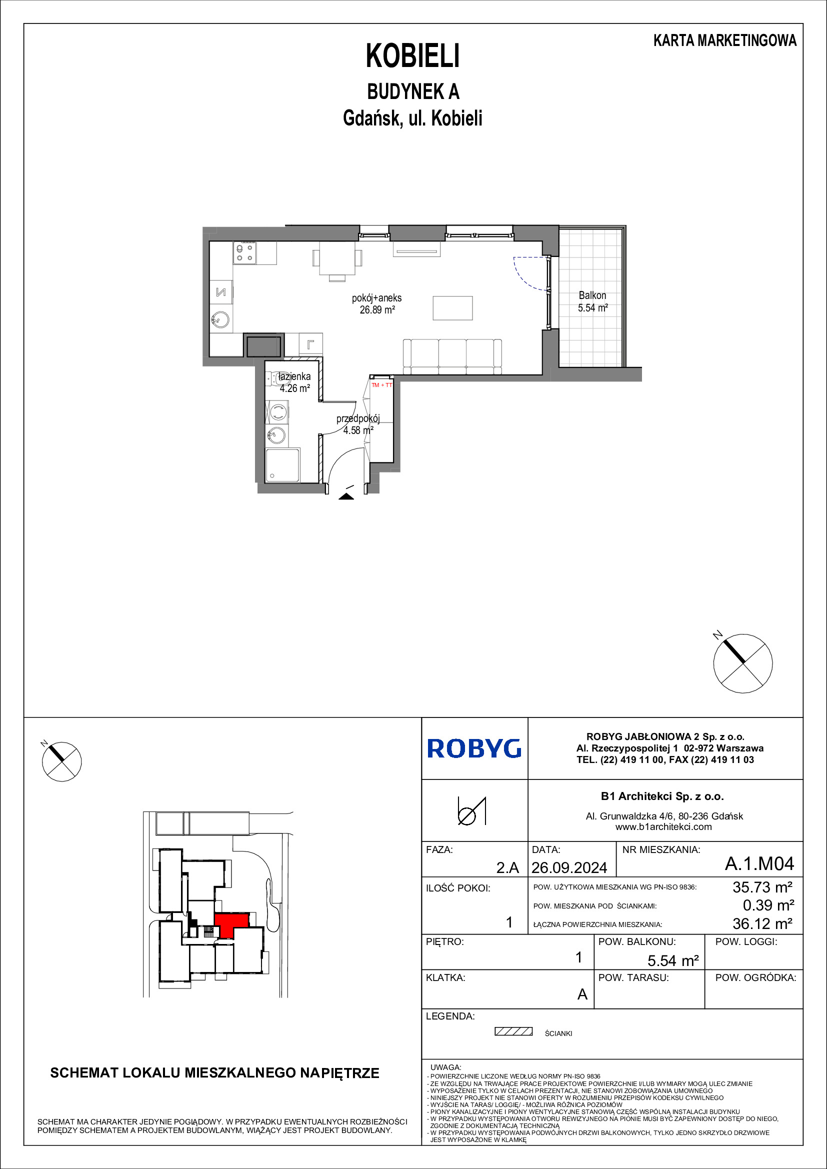 Mieszkanie 35,73 m², piętro 1, oferta nr A.1M04, KOBIELI 4, Gdańsk, Brzeźno, ul. Bogumiła Kobieli / Gdańska-idx