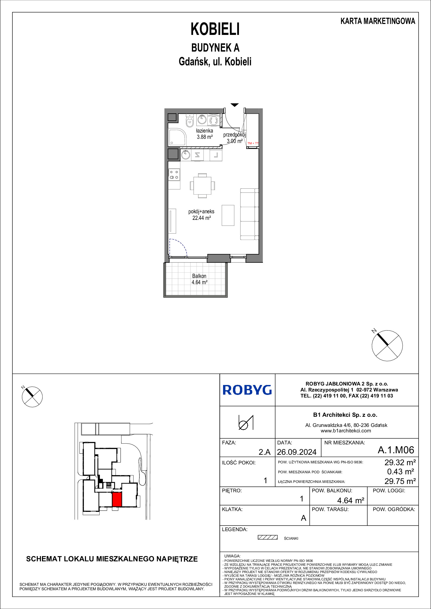 Mieszkanie 29,32 m², piętro 1, oferta nr A.1M06, KOBIELI 4, Gdańsk, Brzeźno, ul. Bogumiła Kobieli / Gdańska-idx