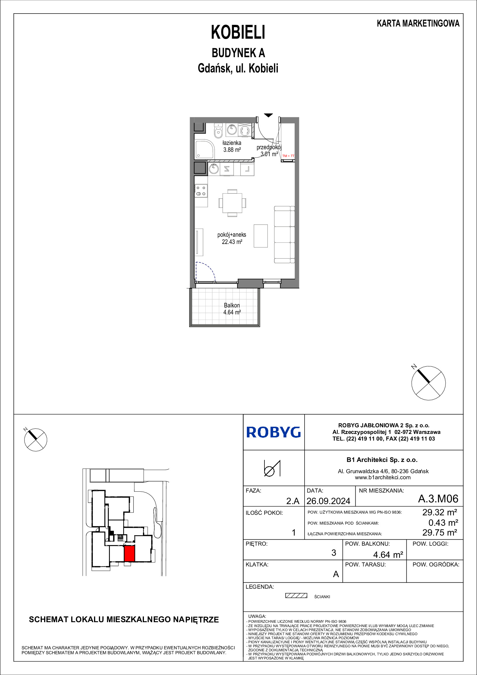 Mieszkanie 29,32 m², piętro 3, oferta nr A.3M06, KOBIELI 4, Gdańsk, Brzeźno, ul. Bogumiła Kobieli / Gdańska-idx