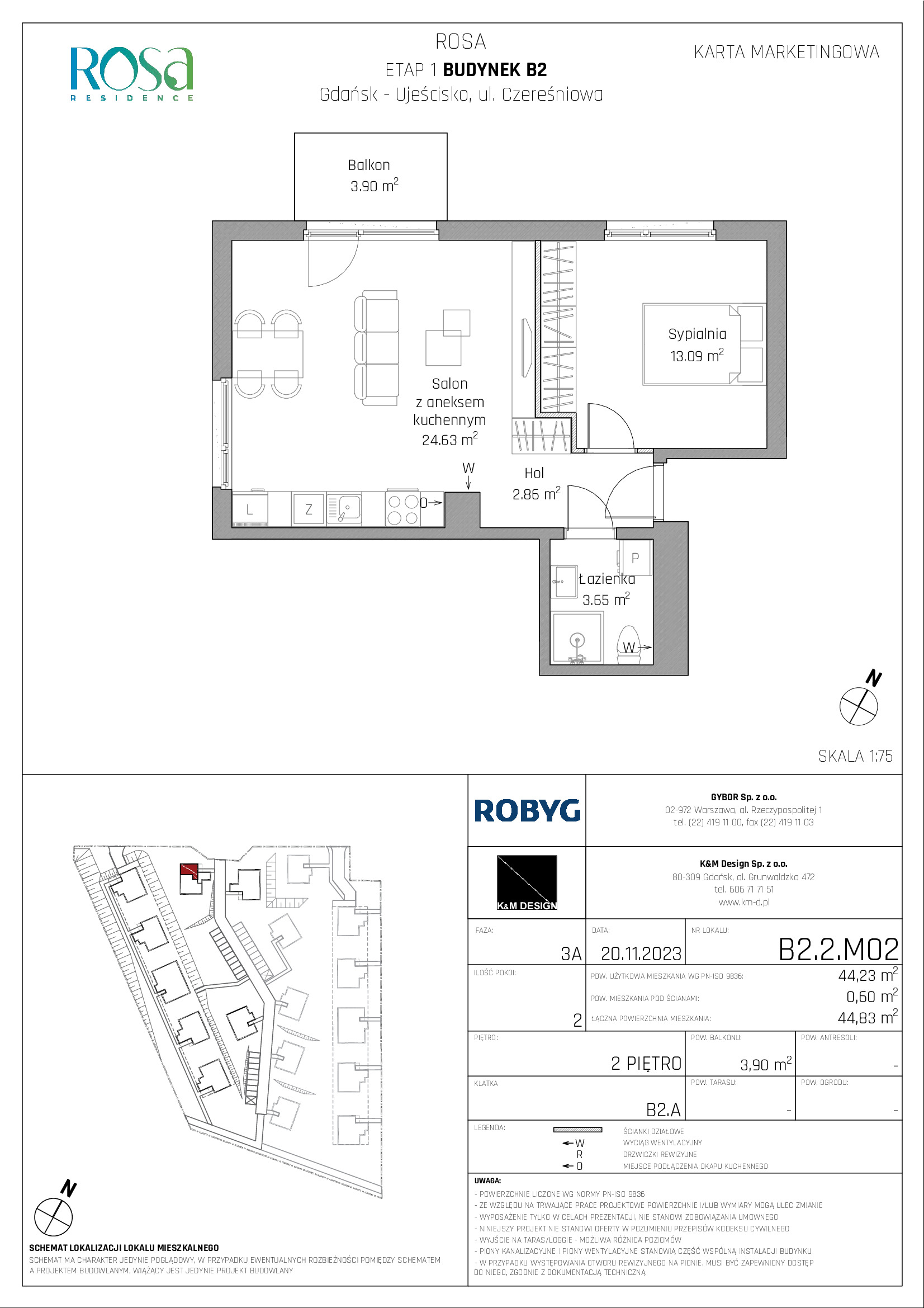 Mieszkanie 44,23 m², piętro 2, oferta nr B2.2M02, ROSA Residence, Gdańsk, Ujeścisko-Łostowice, Ujeścisko, ul. Śliwkowa-idx