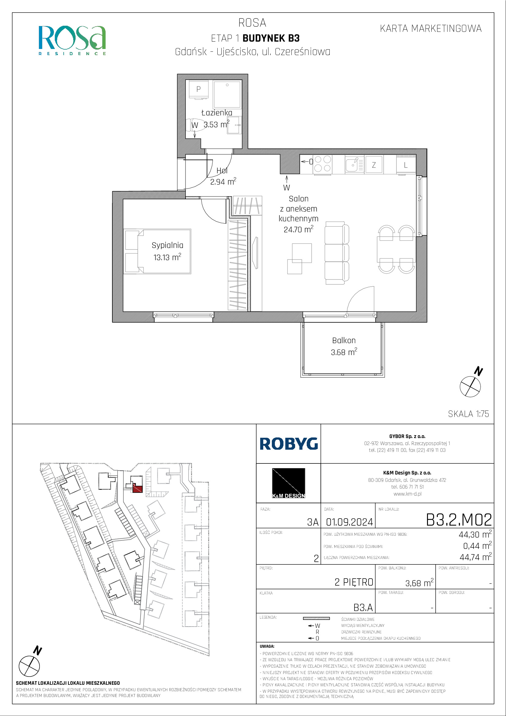 Mieszkanie 44,30 m², piętro 2, oferta nr B3.2M02, ROSA Residence, Gdańsk, Ujeścisko-Łostowice, Ujeścisko, ul. Śliwkowa-idx