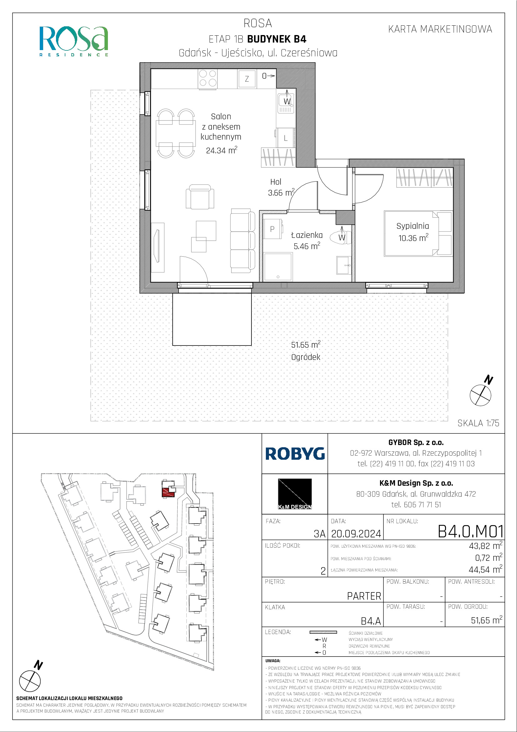 Mieszkanie 43,82 m², parter, oferta nr B4.0M01, ROSA Residence, Gdańsk, Ujeścisko-Łostowice, Ujeścisko, ul. Śliwkowa-idx