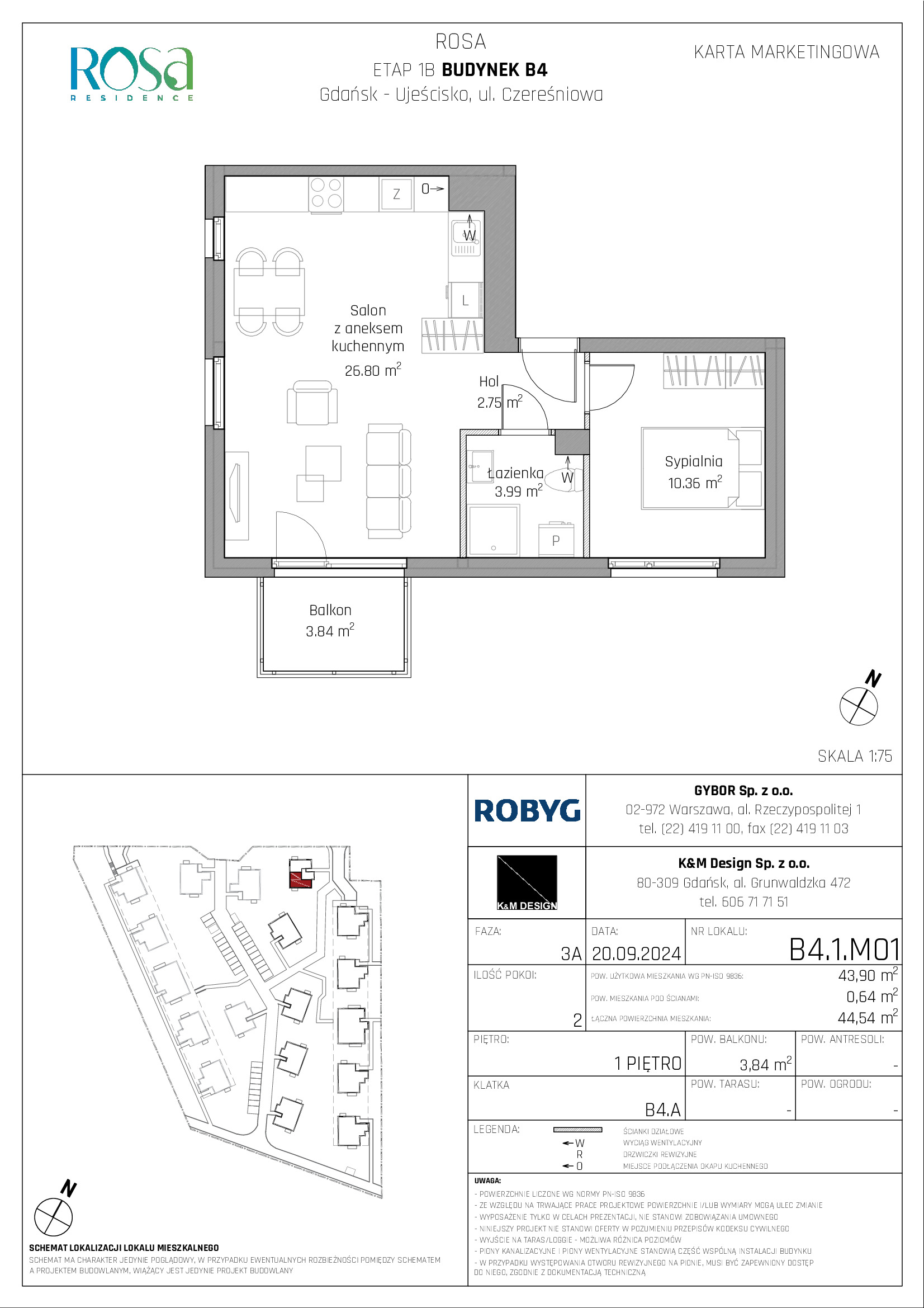 Mieszkanie 43,90 m², piętro 1, oferta nr B4.1M01, ROSA Residence, Gdańsk, Ujeścisko-Łostowice, Ujeścisko, ul. Śliwkowa-idx