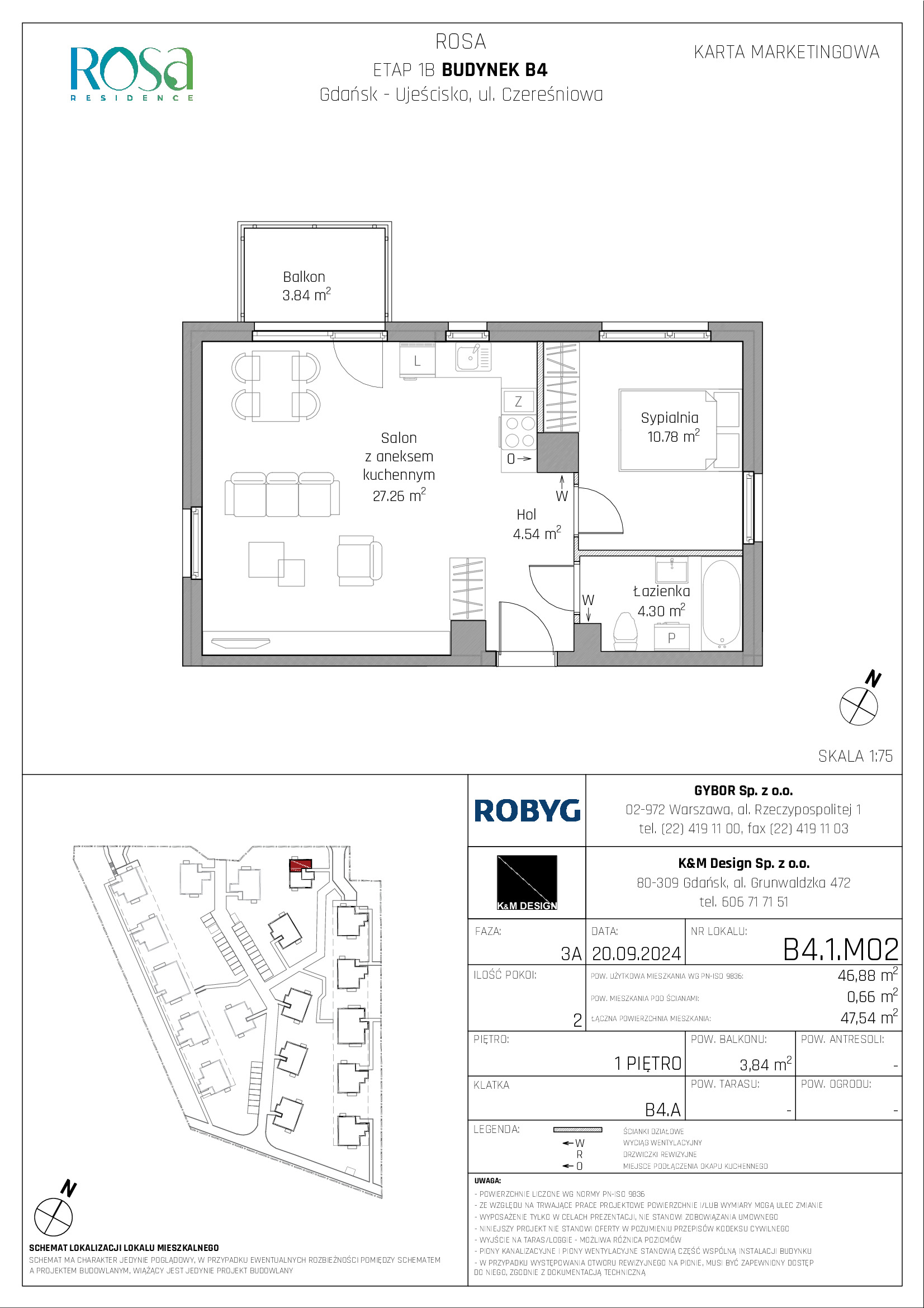 Mieszkanie 46,88 m², piętro 1, oferta nr B4.1M02, ROSA Residence, Gdańsk, Ujeścisko-Łostowice, Ujeścisko, ul. Śliwkowa-idx