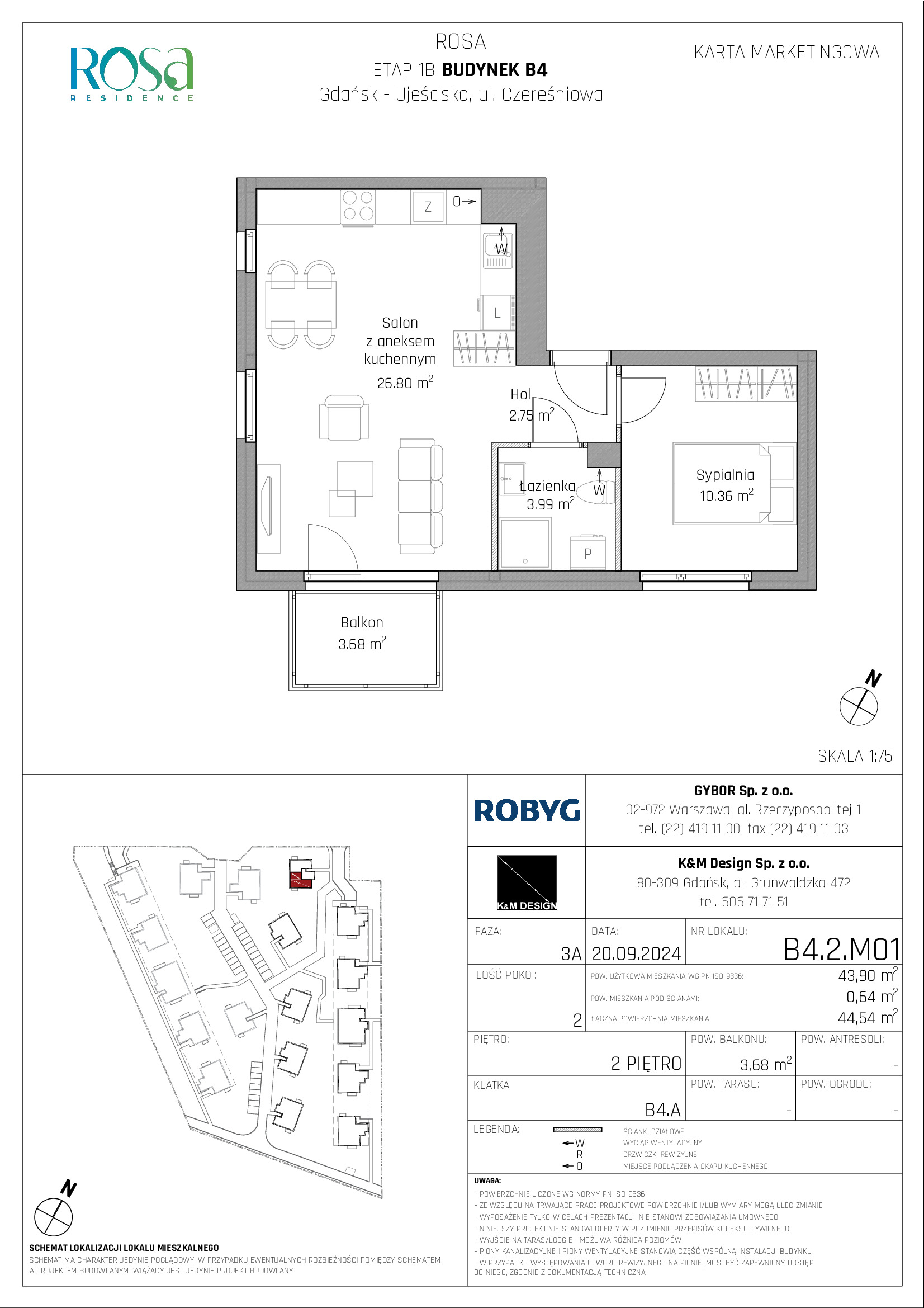 Mieszkanie 43,90 m², piętro 2, oferta nr B4.2M01, ROSA Residence, Gdańsk, Ujeścisko-Łostowice, Ujeścisko, ul. Śliwkowa-idx