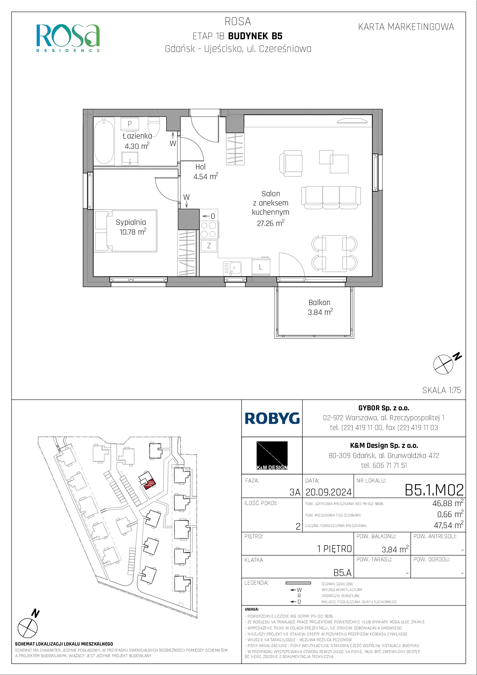 Mieszkanie 46,88 m², piętro 1, oferta nr B5.1M02, ROSA Residence, Gdańsk, Ujeścisko-Łostowice, Ujeścisko, ul. Śliwkowa-idx