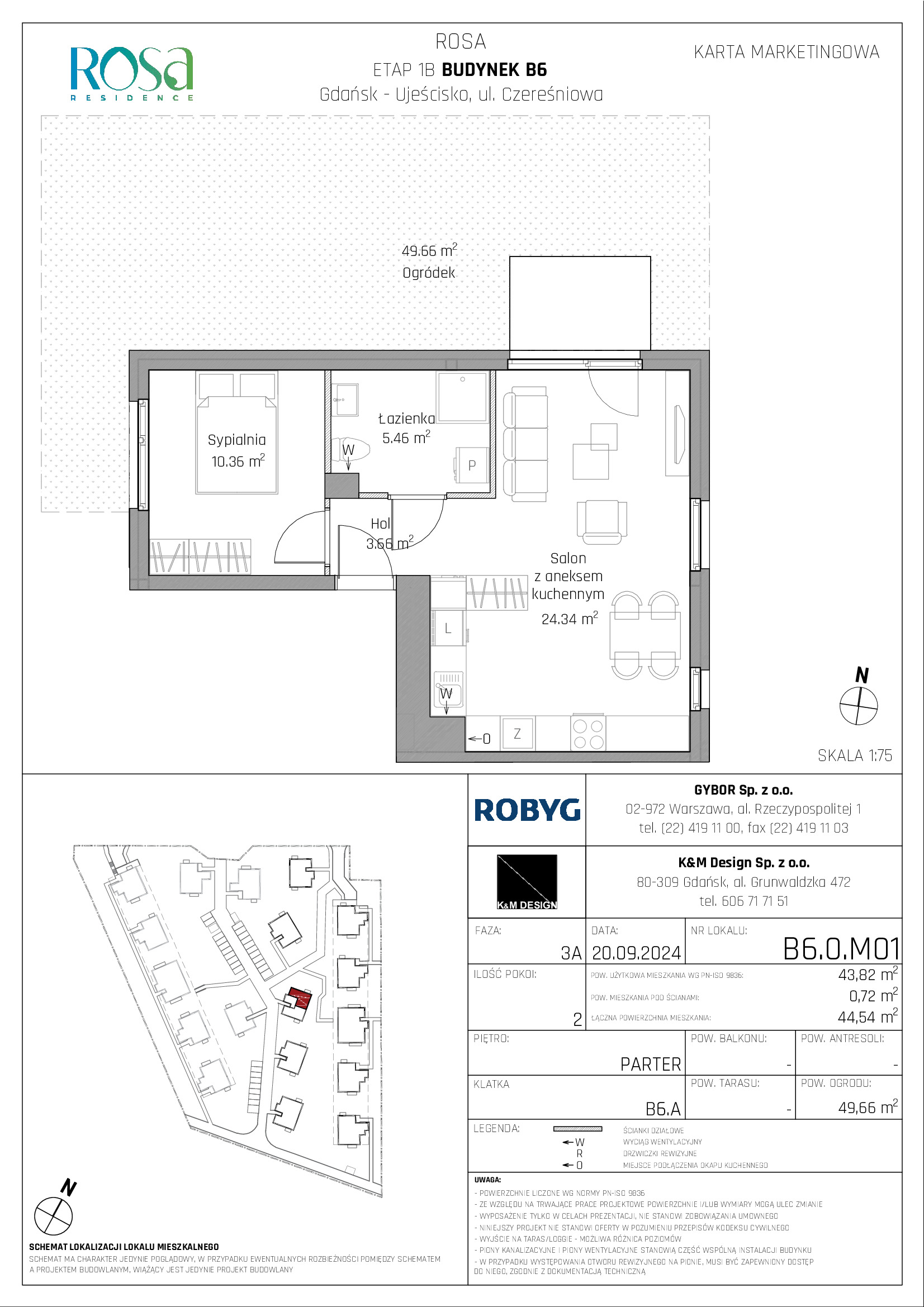 Mieszkanie 43,82 m², parter, oferta nr B6.0M01, ROSA Residence, Gdańsk, Ujeścisko-Łostowice, Ujeścisko, ul. Śliwkowa-idx