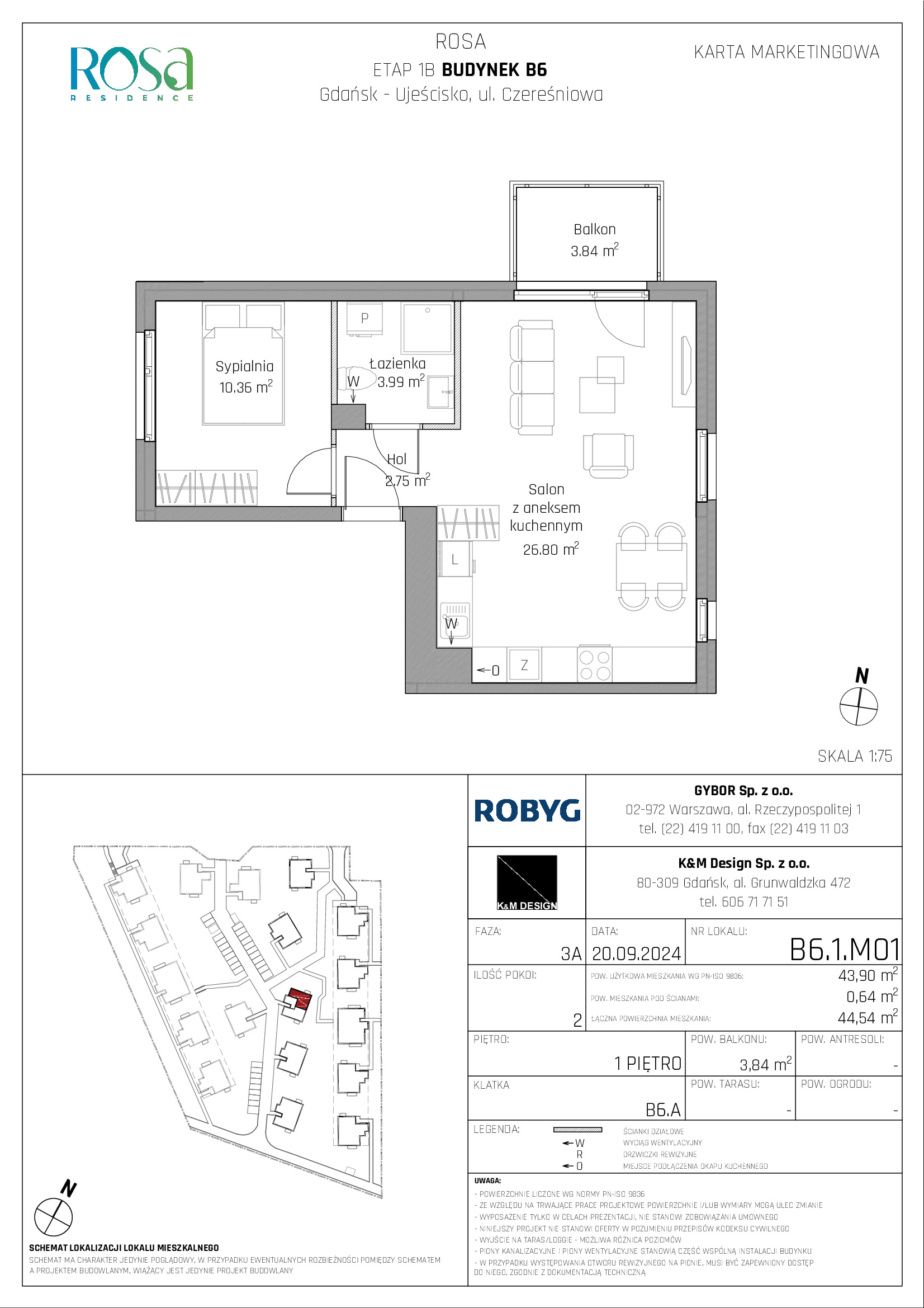 Mieszkanie 43,90 m², piętro 1, oferta nr B6.1M01, ROSA Residence, Gdańsk, Ujeścisko-Łostowice, Ujeścisko, ul. Śliwkowa-idx