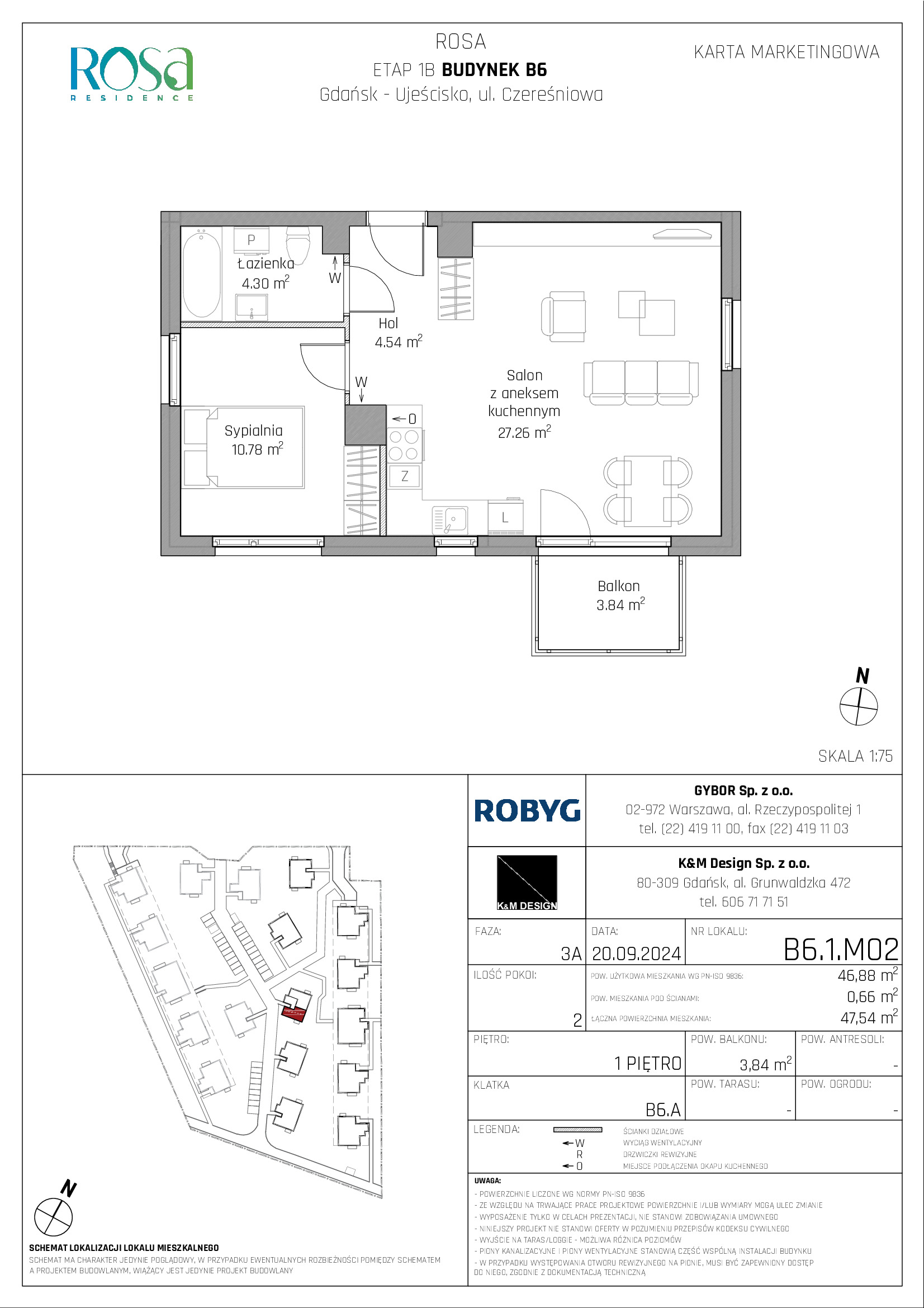 Mieszkanie 46,88 m², piętro 1, oferta nr B6.1M02, ROSA Residence, Gdańsk, Ujeścisko-Łostowice, Ujeścisko, ul. Śliwkowa-idx