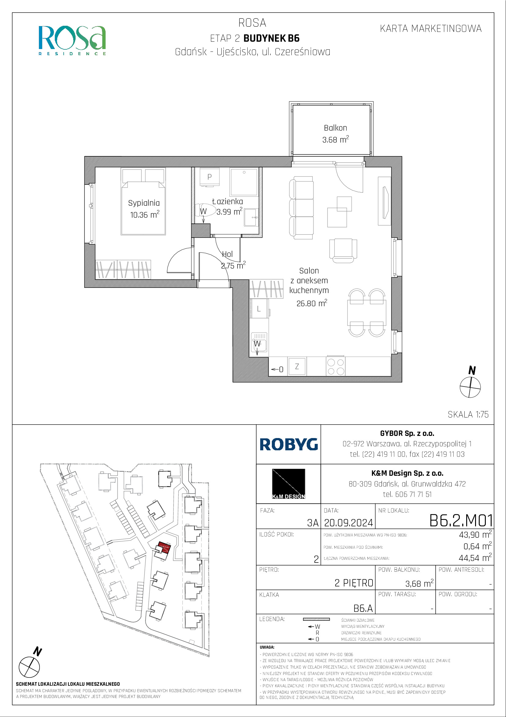 Mieszkanie 43,90 m², piętro 2, oferta nr B6.2M01, ROSA Residence, Gdańsk, Ujeścisko-Łostowice, Ujeścisko, ul. Śliwkowa-idx